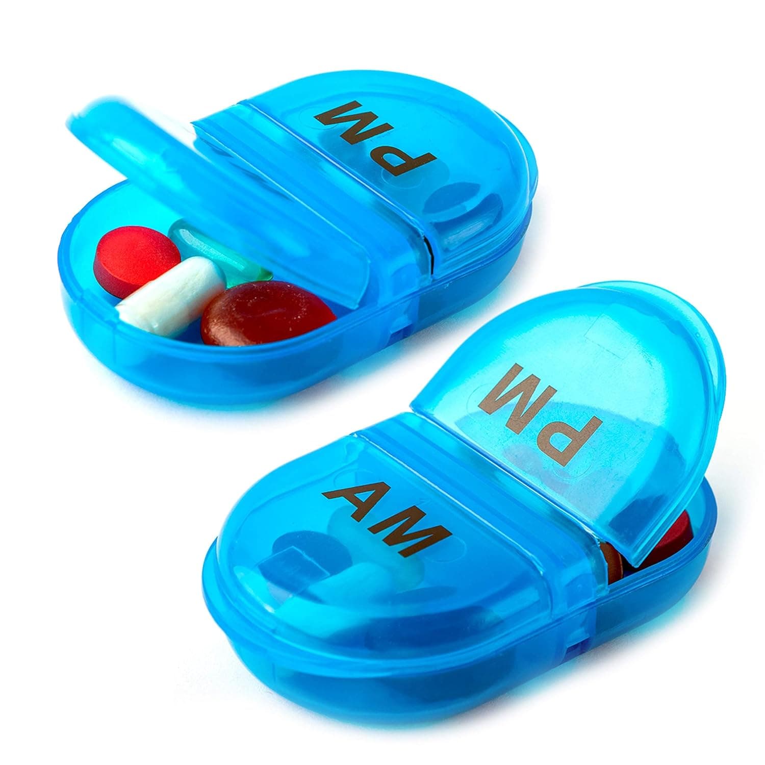Tazweeq 2 Pack Pill Organizer, Small Case Holder, Am Pm Pill Case, 2 Compartment Pill Box for Pocket or Purse, Travel Pill Holder, Easy Open, Pill Container for Seniors, Vitamins, Supplements(Blue)