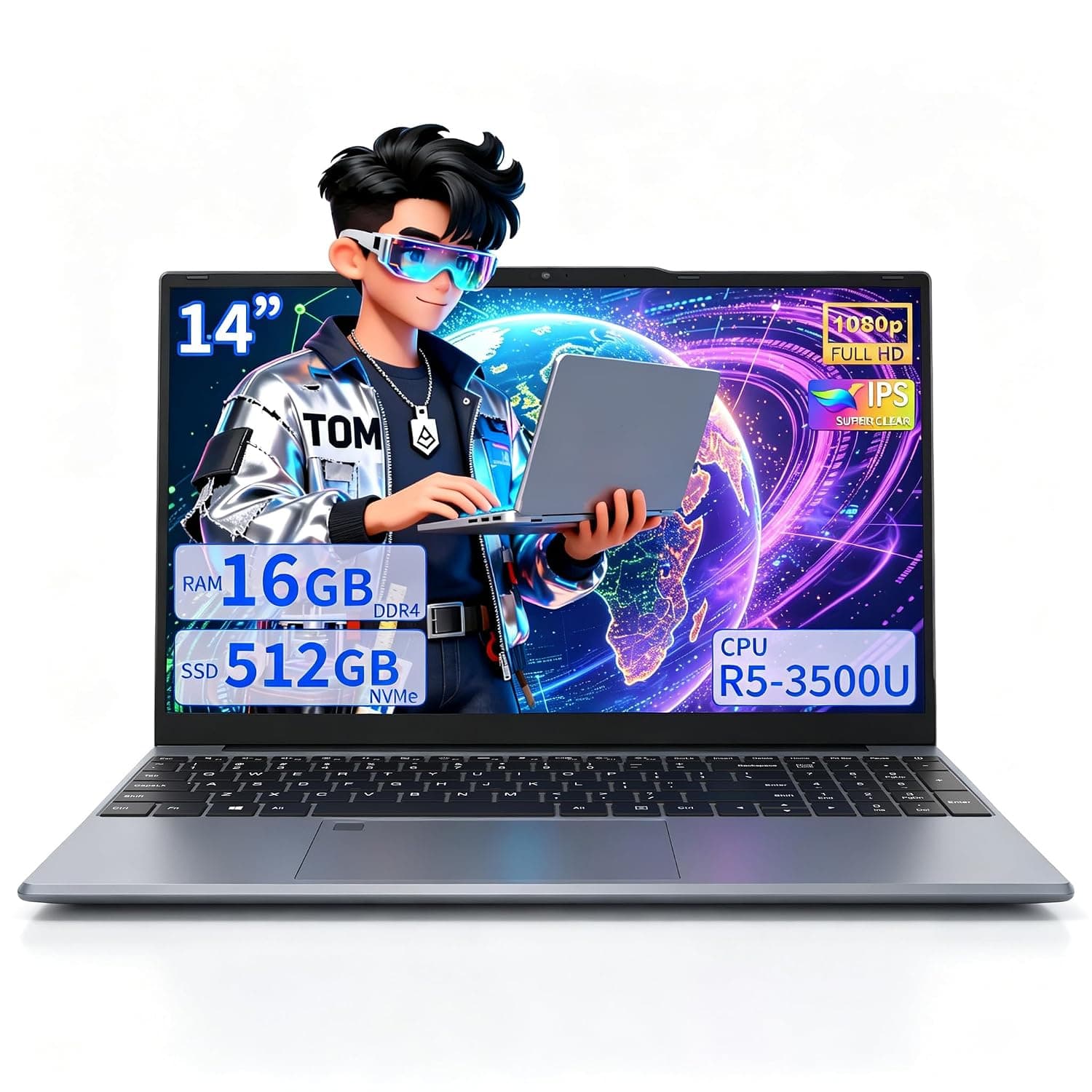 14" Laptop, Ryzen 5 3500U (Up to 3.7GHz) Quad-Core Processor, 16GB DDR4 RAM, NVMe SSD, Portable Notebook with Adjustable Touchpad, Privacy Webcam Switch-Grey (16GB DDR4 | 512GB SSD)