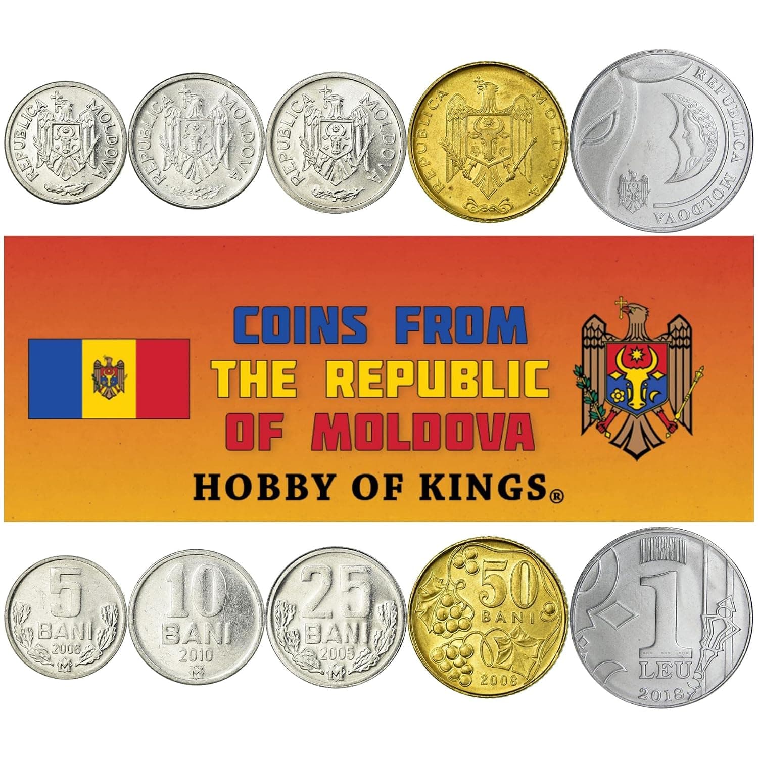 5 Coins from Moldova | Moldovan Coin Set Collection 5 10 25 50 Bani 1 LEU | Circulated 1997-2022 | Bull | Eagle | Grapes | Crescent