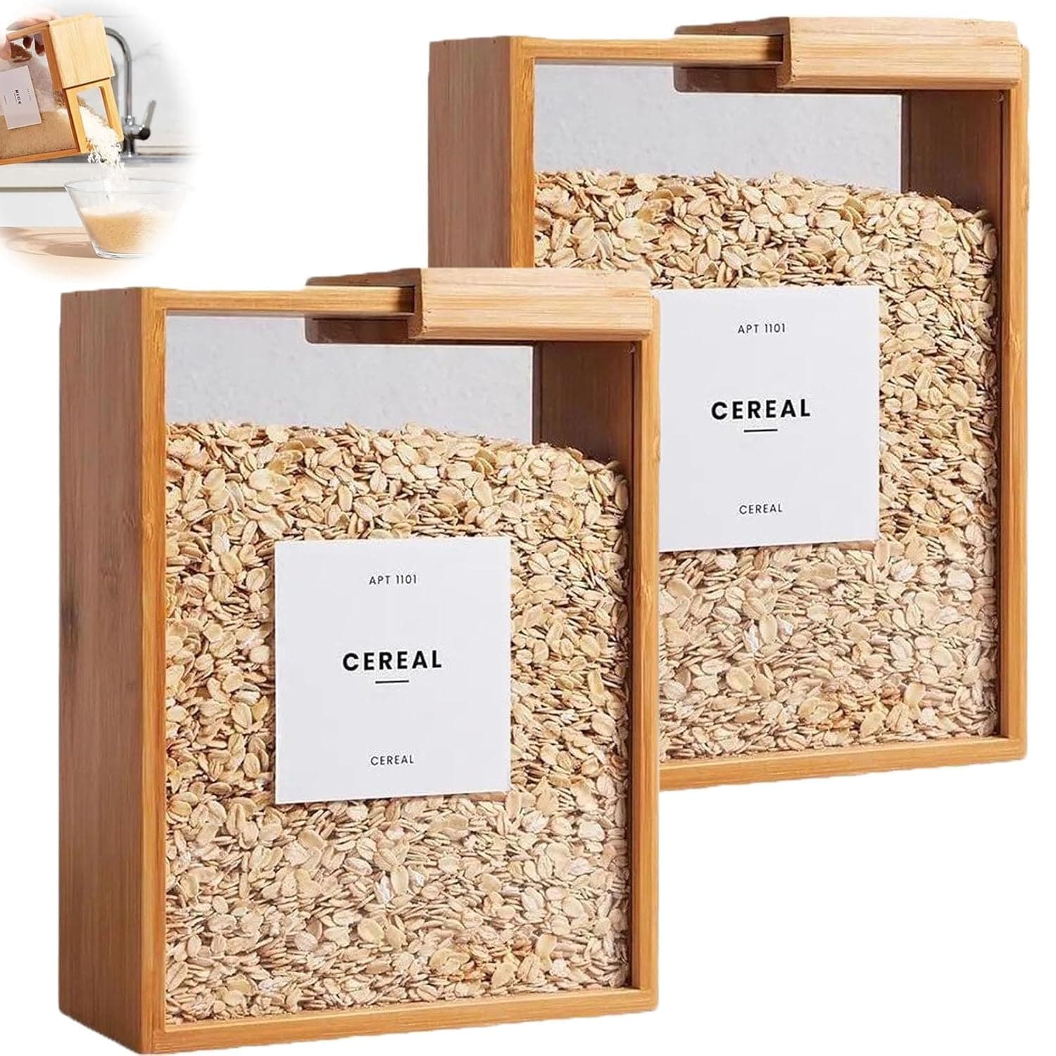 ALMEKAQUZ Wooden Cereal Storage Box, Clear Food Storage Box with Lid, Dry Food Dispenser Large Capacity 101oz for Kitchen Organization Cereal, Sugar, Nut, Coffee Bean, Tea, Flour, Nuts, Oat(2pcs)
