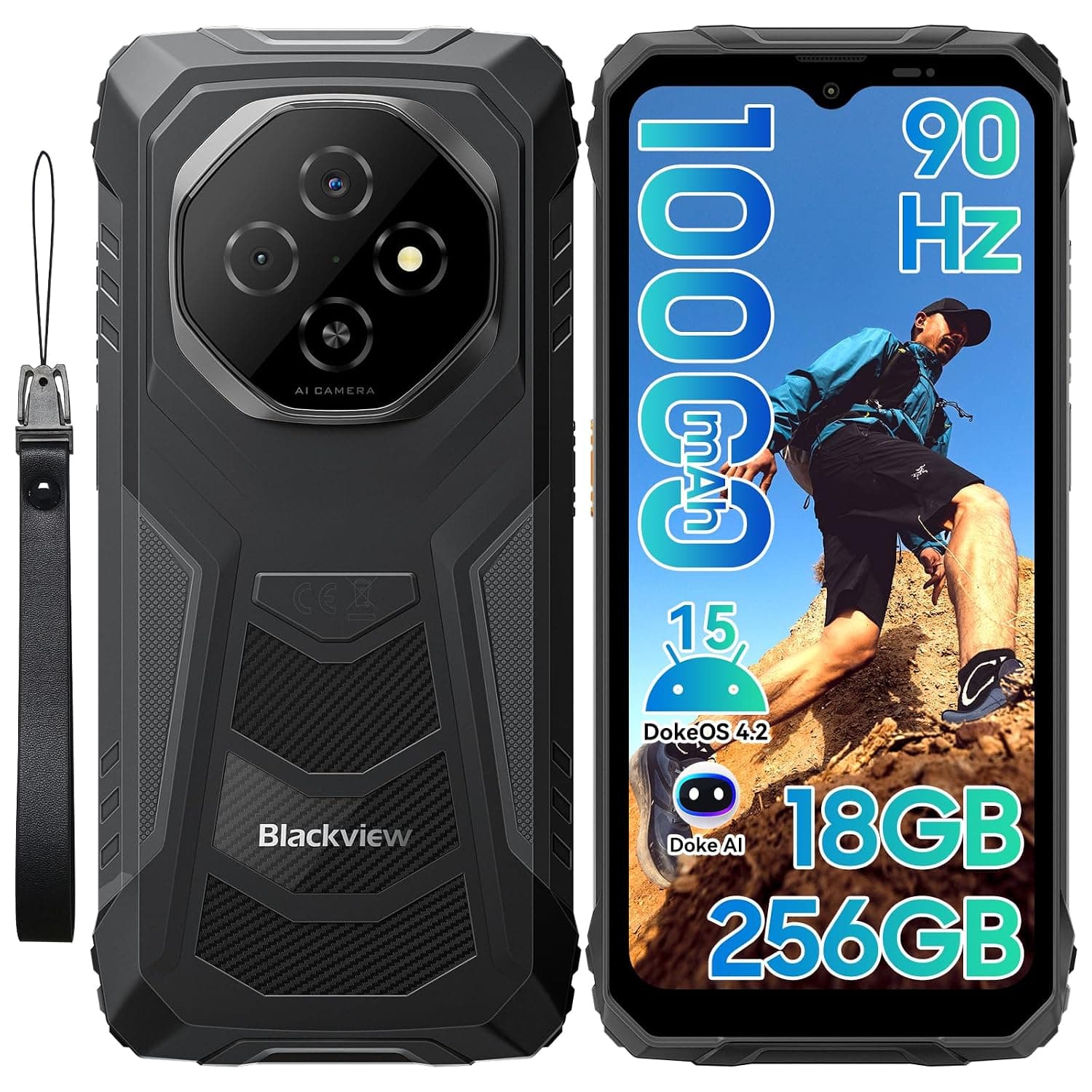 Blackview FORT 1 Android 15 Outdoor Smartphone, 10000 mAh Outdoor Mobile Phone Without Contract 18GB + 256GB/2TB, Gemini AI 6.56 Inch 90Hz Construction Site Mobile Phone, NFC/FOTA/390g (KSA Version)
