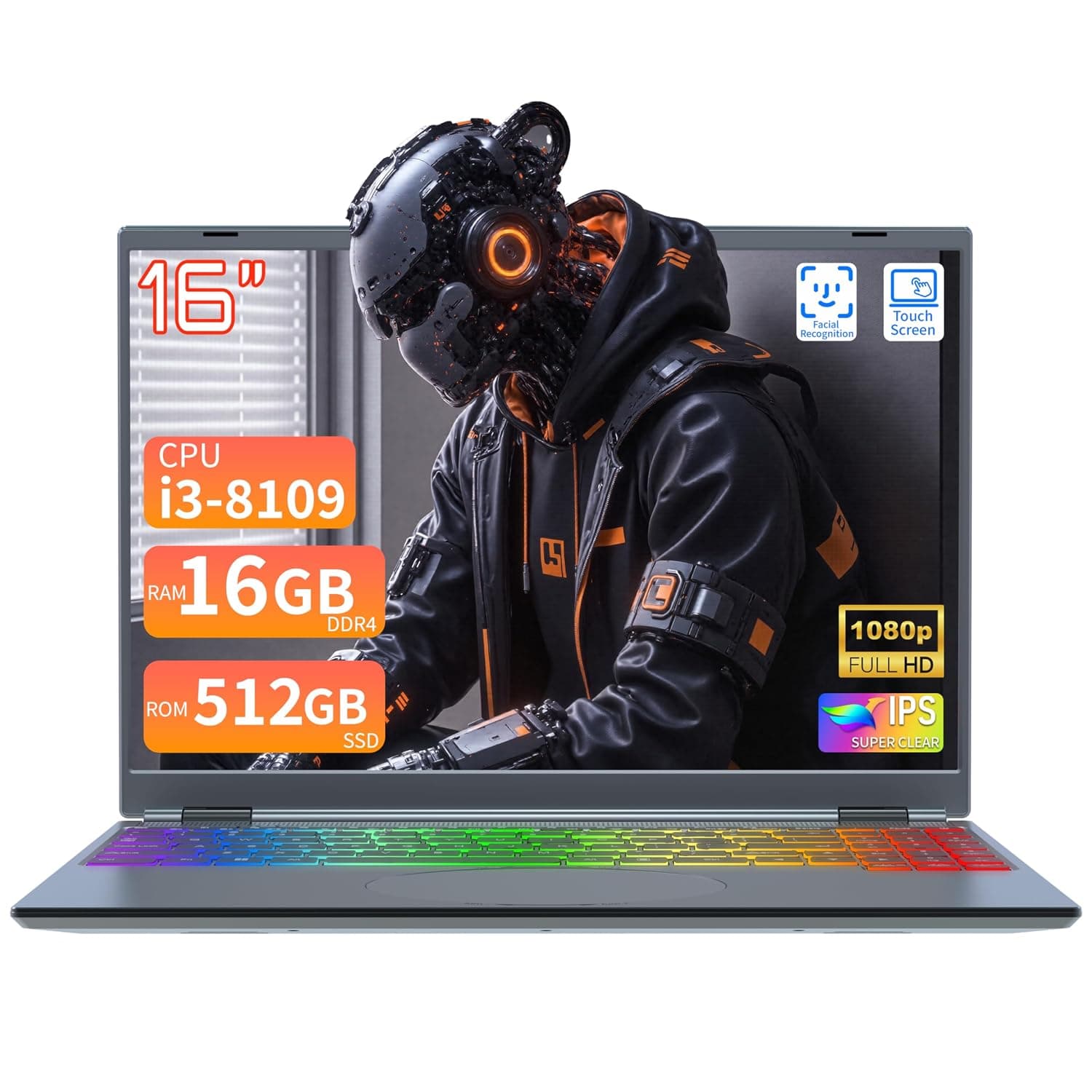 16" Touchscreen Laptop, i3-8109U, 16GB RAM, 512GB SSD, RGB Backlit Keyboard, Face Recognition, 180 Degree Opening and Closing (16GB RAM | 512GB SSD)