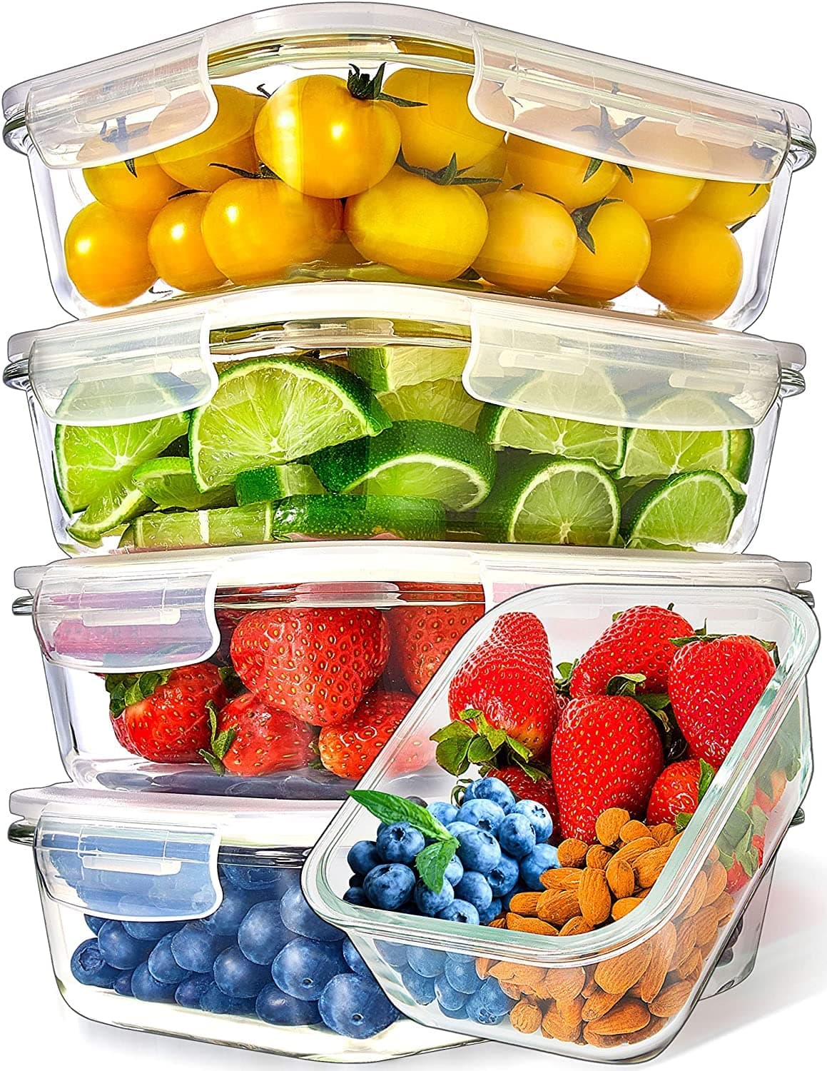 PrepNaturals 5 Pack 36 Oz Glass Meal Prep Containers - Dishwasher Microwave Freezer Oven Safe - Glass Storage Containers with Lids (Multi-Compartment) | Borosilicate Glass Meal Prep Containers - Airtight Leak-Resistant Lids, Microwave, Oven & Freezer Safe (5-Pack, 36 oz)