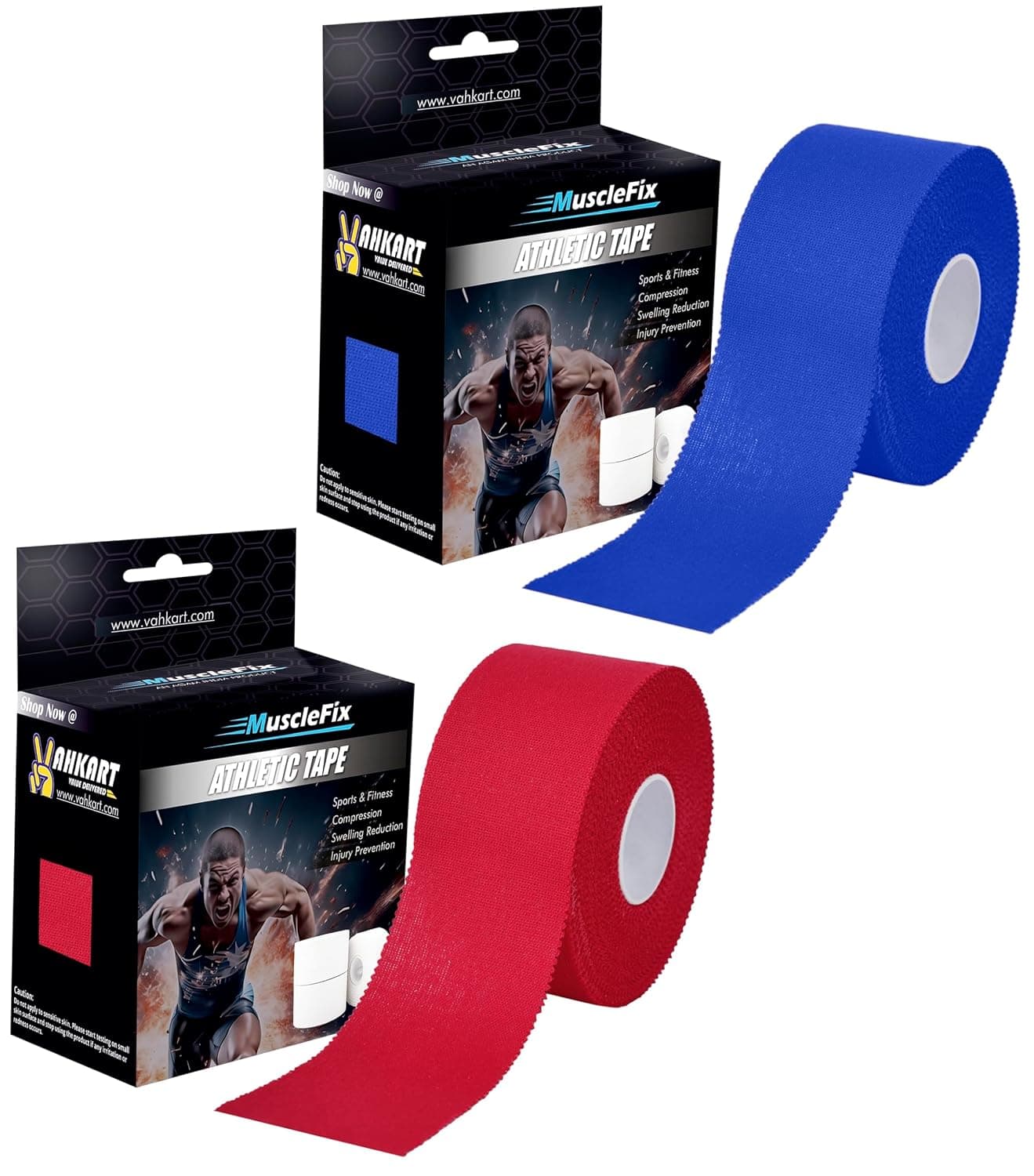 MuscleFix Athletic Tape for Ankle, Wrist & Joint Protection, Easy-Tear Breathable Soft Cotton Best Adhesive Medical Tape for Athletes & Trainers, 3.8cm Pack of 2 (Blue, Red)