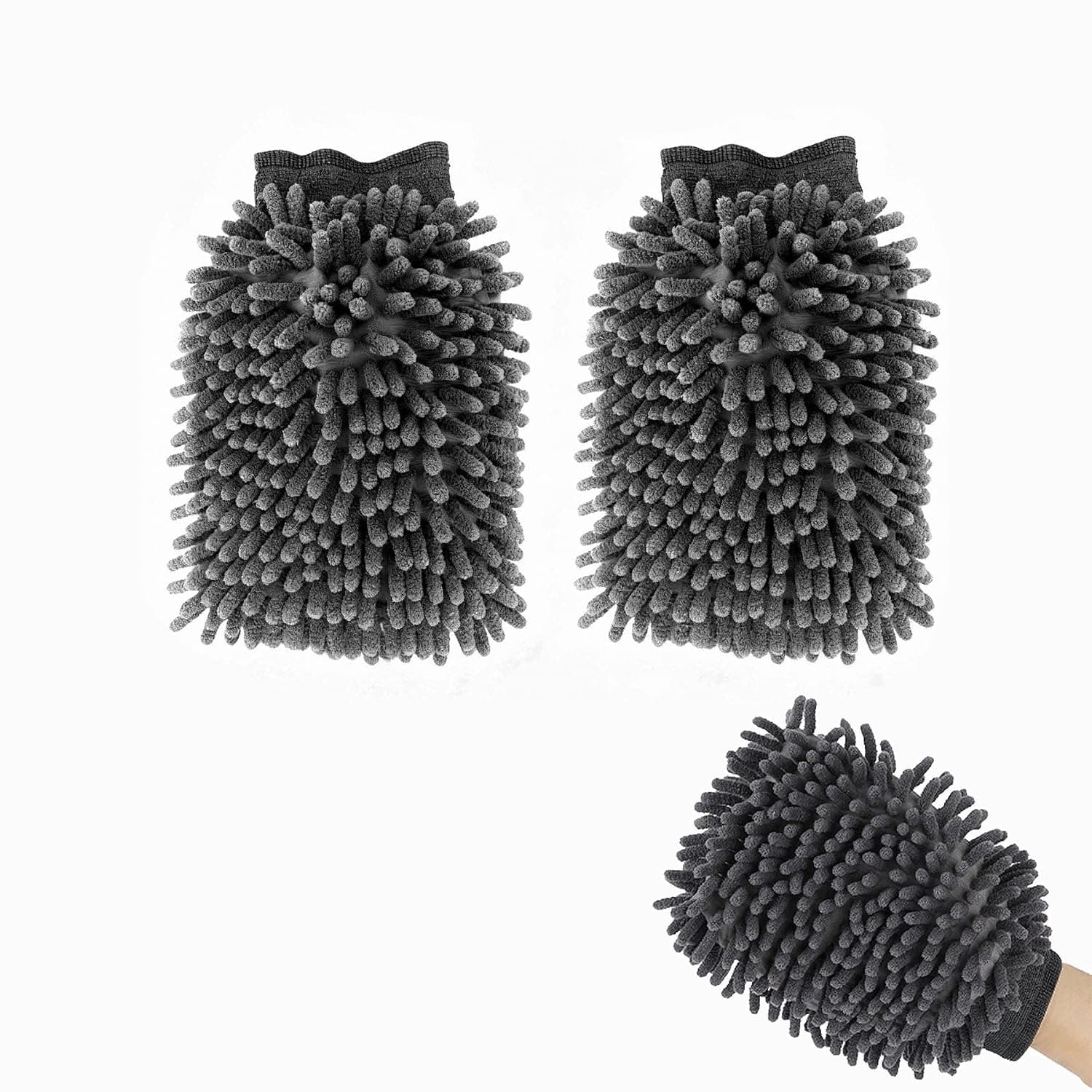 Dual-Sided Cleaning Gloves, Car Wash Mitt for Cars and Home, Scratch-Free Double Sided Wash Mitts and Car Cleaning Accessories for Auto Detailing, Vehicle Washing, 2-Pack Gray Gloves