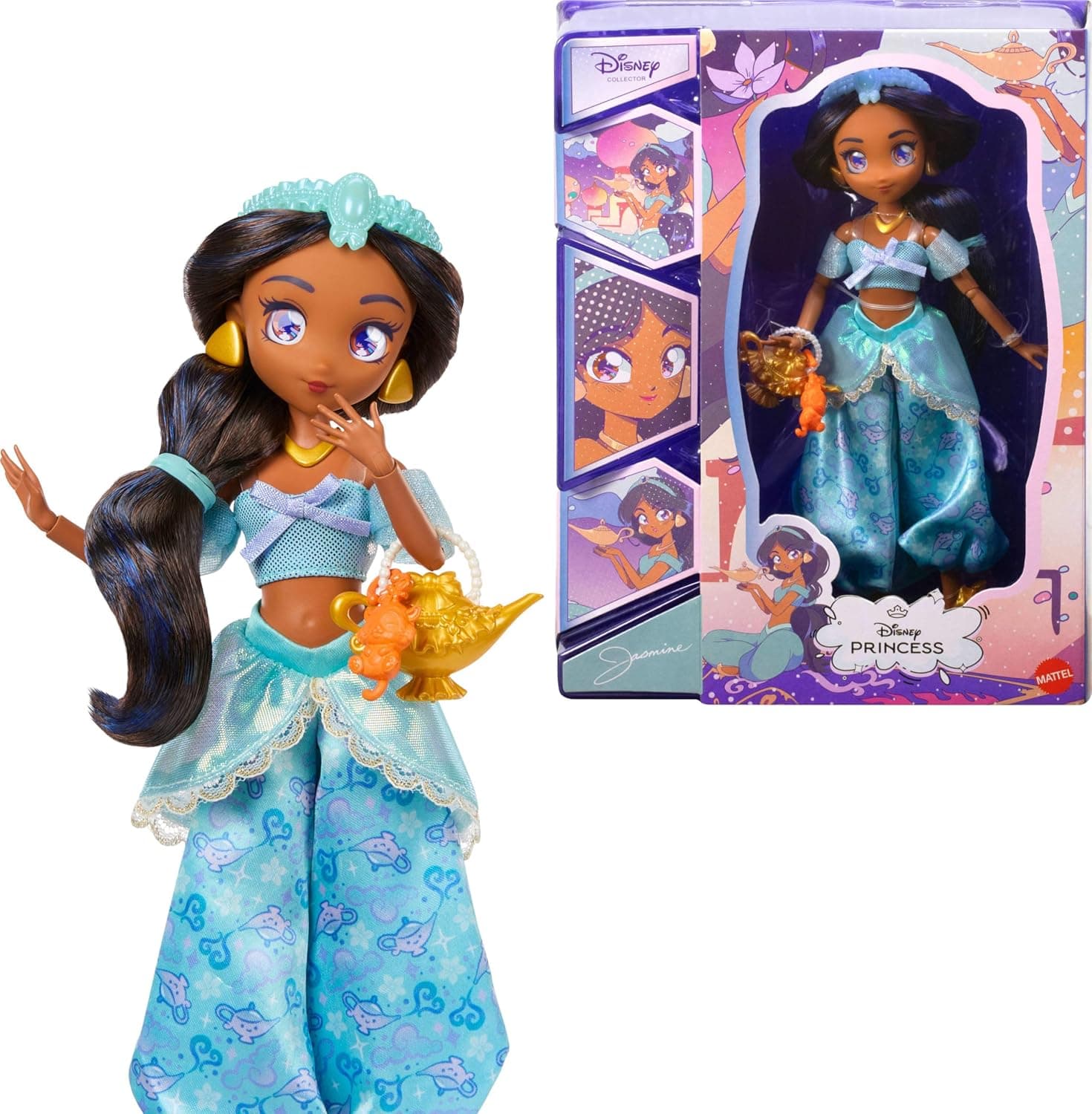 Mattel Disney Collector Princess Jasmine Manga Collectible Anime Doll & Accessories, Posable with Purse & Animal Charm, for Kids & Collectors