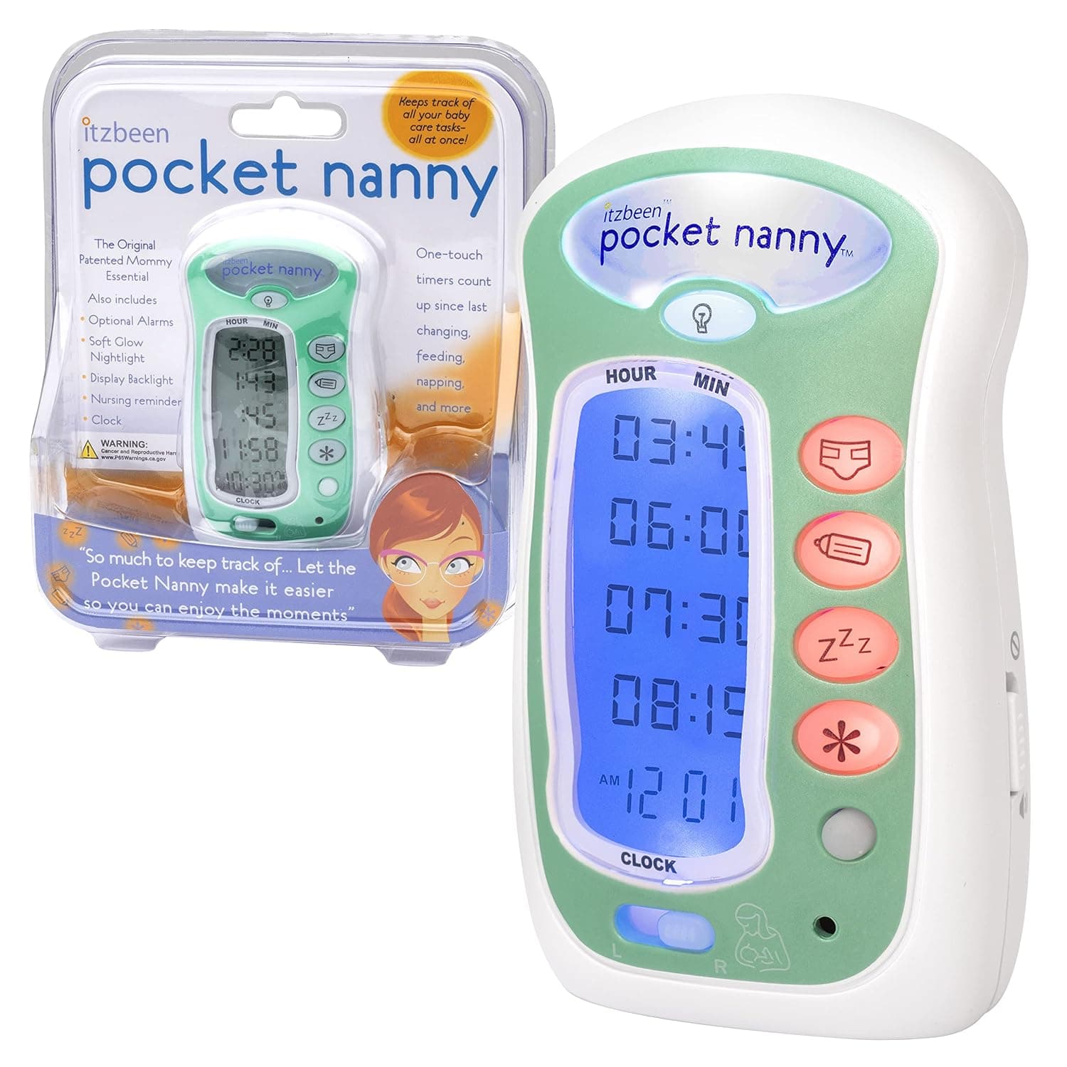 Green Baby Care Timer (Round The Clock Baby Tracker)- Clock and 4 Different Count up Reminders: Nursing, Sleeping, Potty Break, and Optional- Serves as a Soft Glow Nightlight