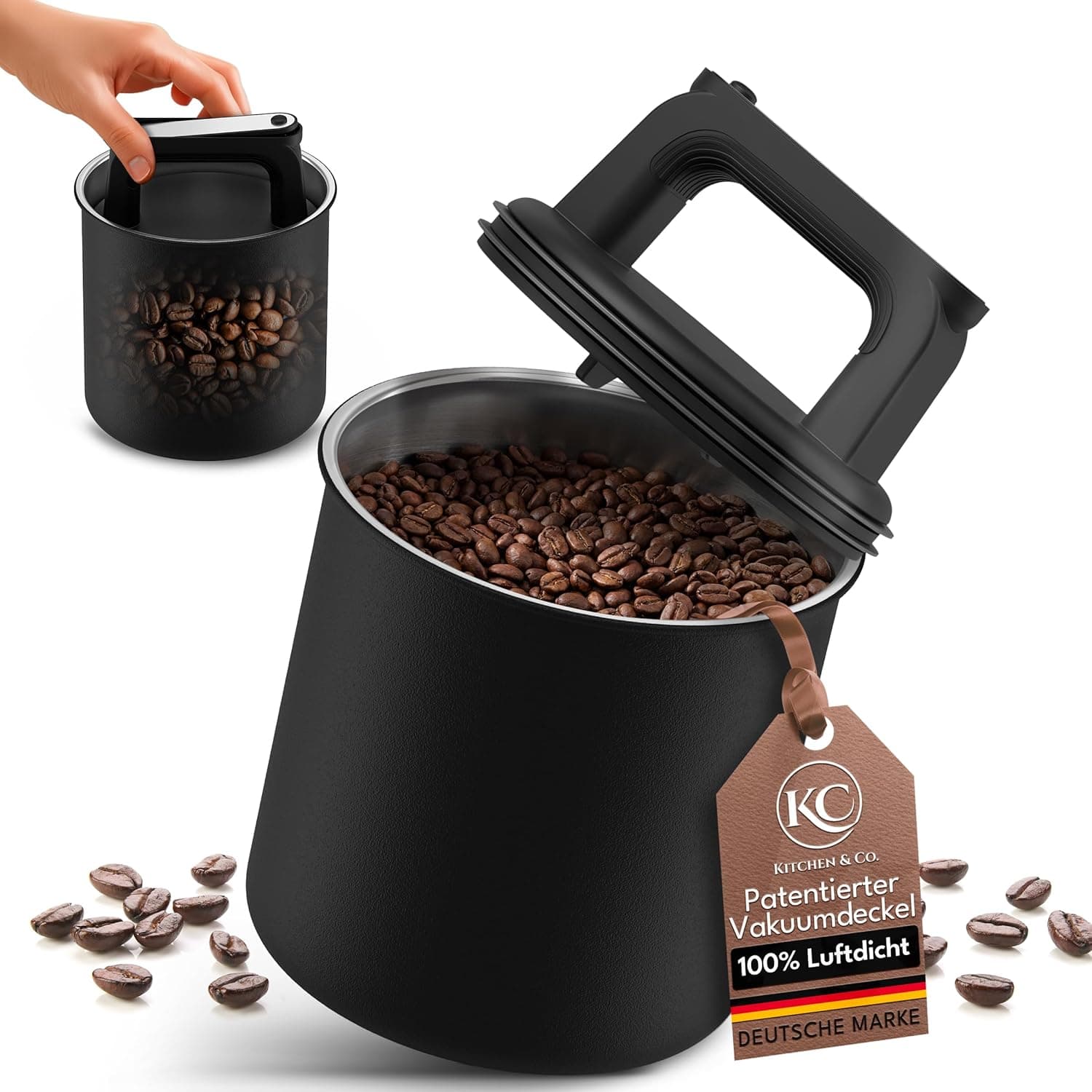 Airtight Coffee Canister With Vacuum Lid - 250g Capacity, Stainless Steel Storage Container for Beans, Tea - Matte Black (1000 ml)