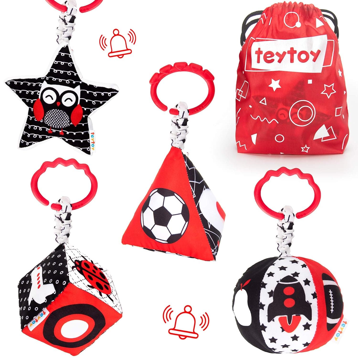 High Contrast Baby Stroller Toy, Shapes Rattle Set, Rings Hanging Toys for Stroller Crib Carseat, Sight Sound Travel Activity Toy for 0 3 6 9 12 Months Infant Toddler Newborn Birthday Gift(4 Pack)