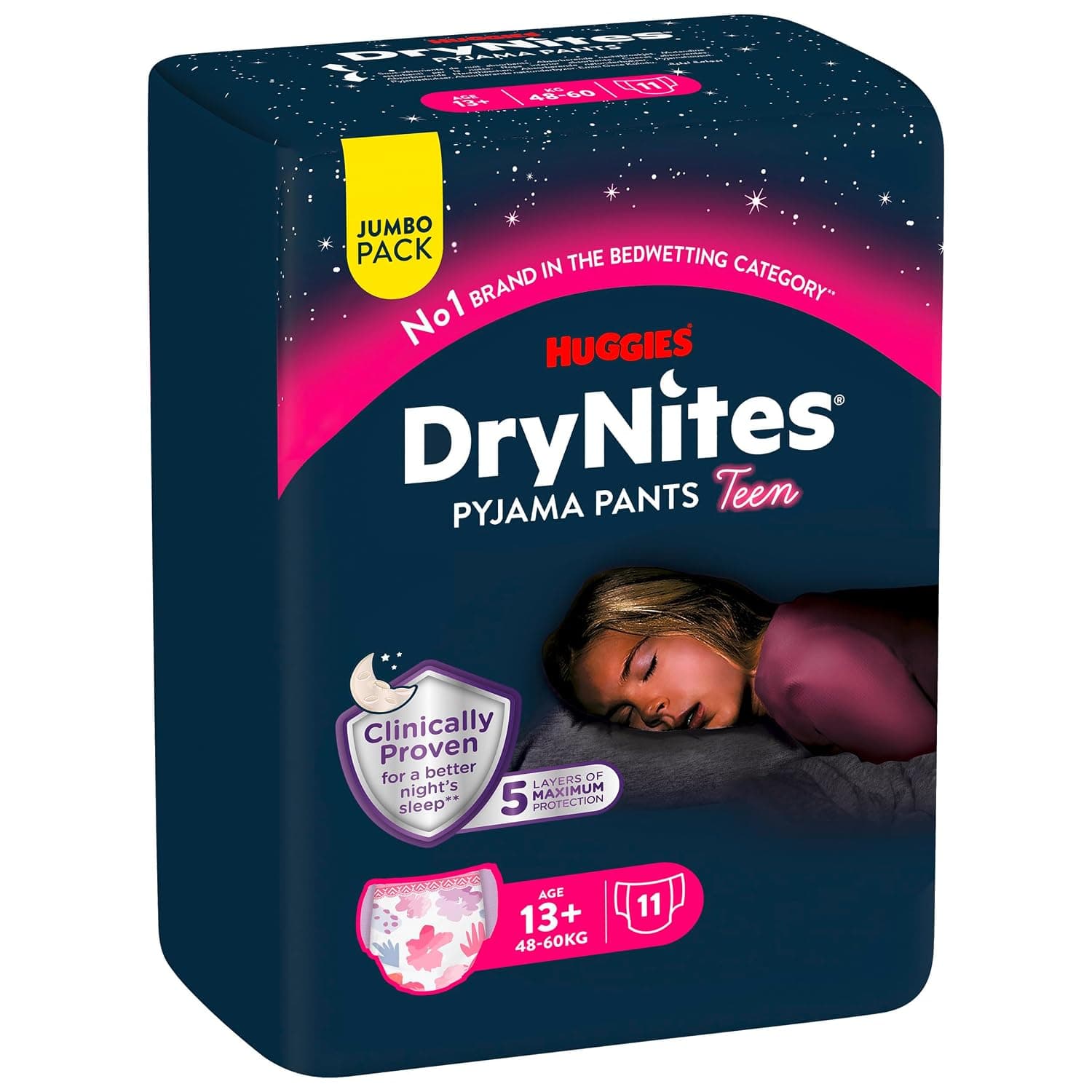 HUGGIES DryNites Girls Age 13+ Year Bedwetting Pyjama Nappy Pants (3 Packs of 11 Pants) - 33 Pants