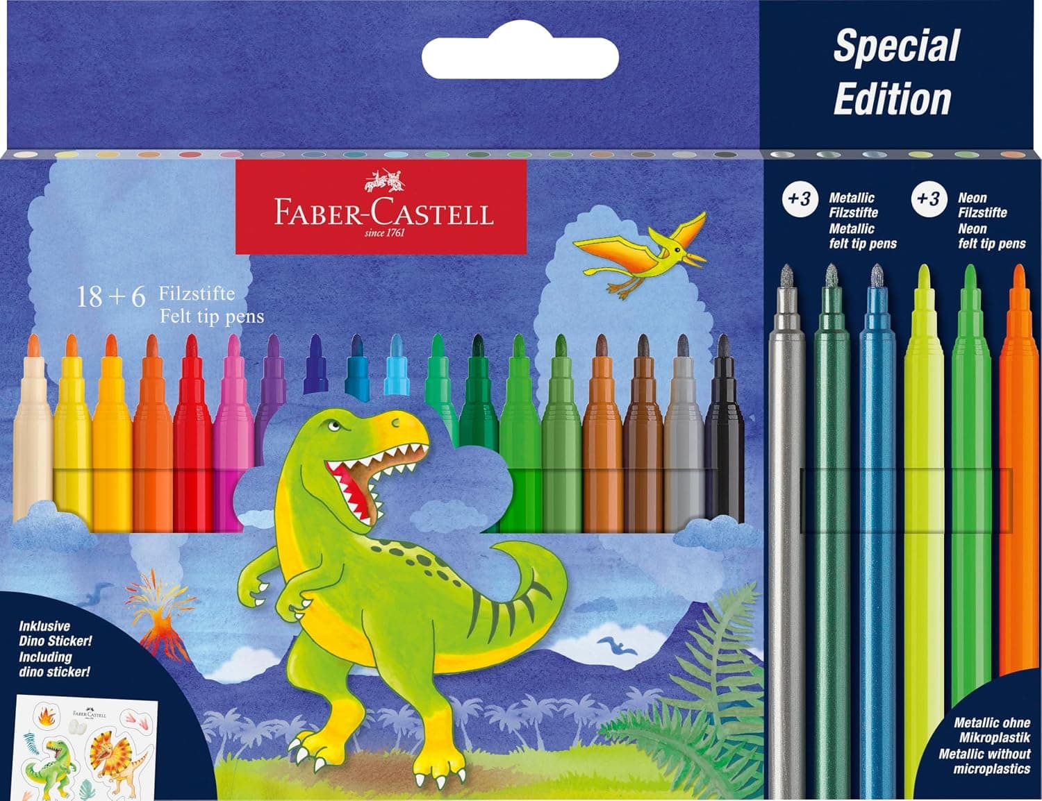 Faber-Castell Felt-tip pen dinosaur 18+6 + stickers | Markers in standard, metallic and neon colours for kids and craft projects