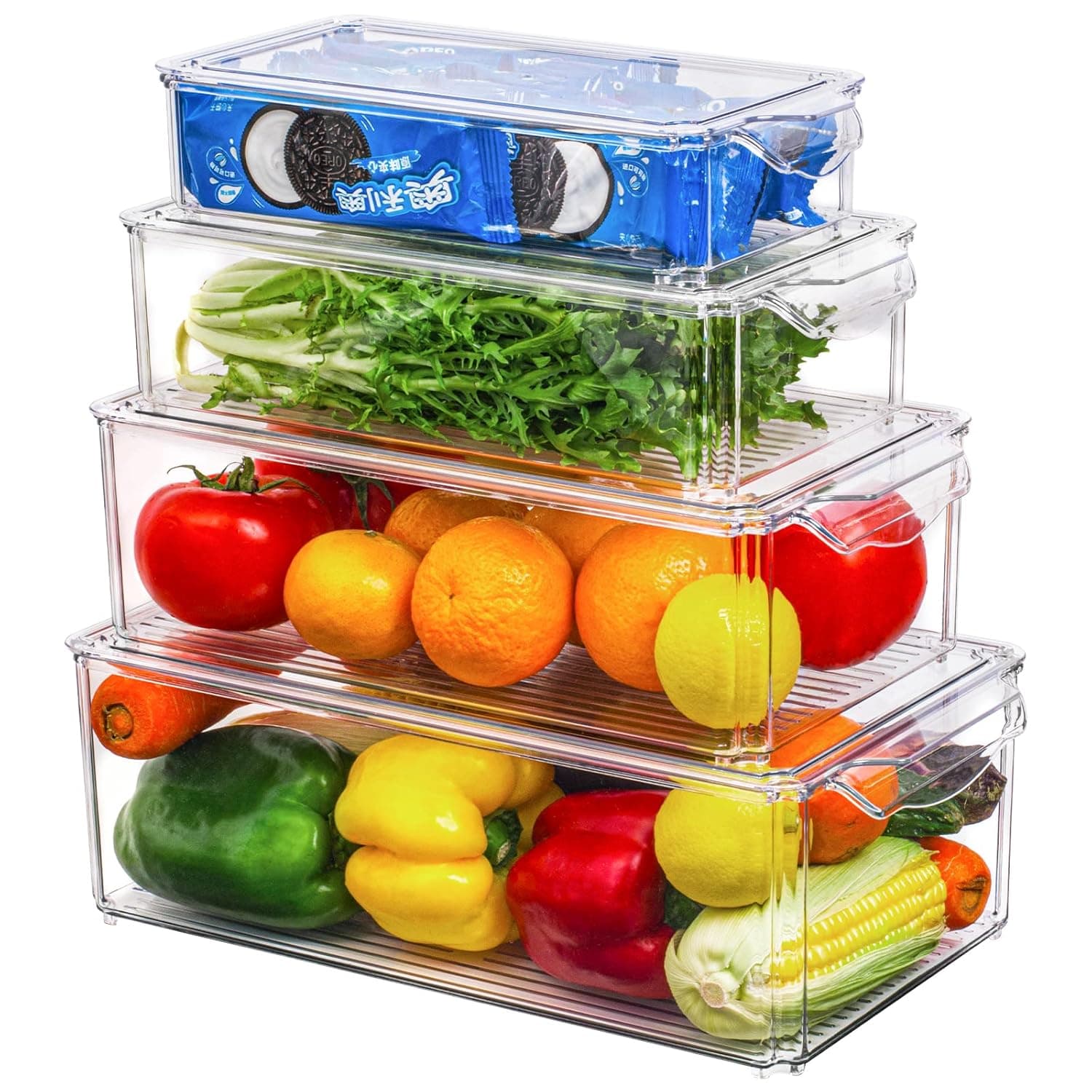 UCHUANG Home Pantry Organization and Storage Containers, Set of 4 Fridge Organizer with Lids, BPA-Free Plastic Stackable Refrigerator Organizer Bins and Food Storage Clear Containers for Kitchen