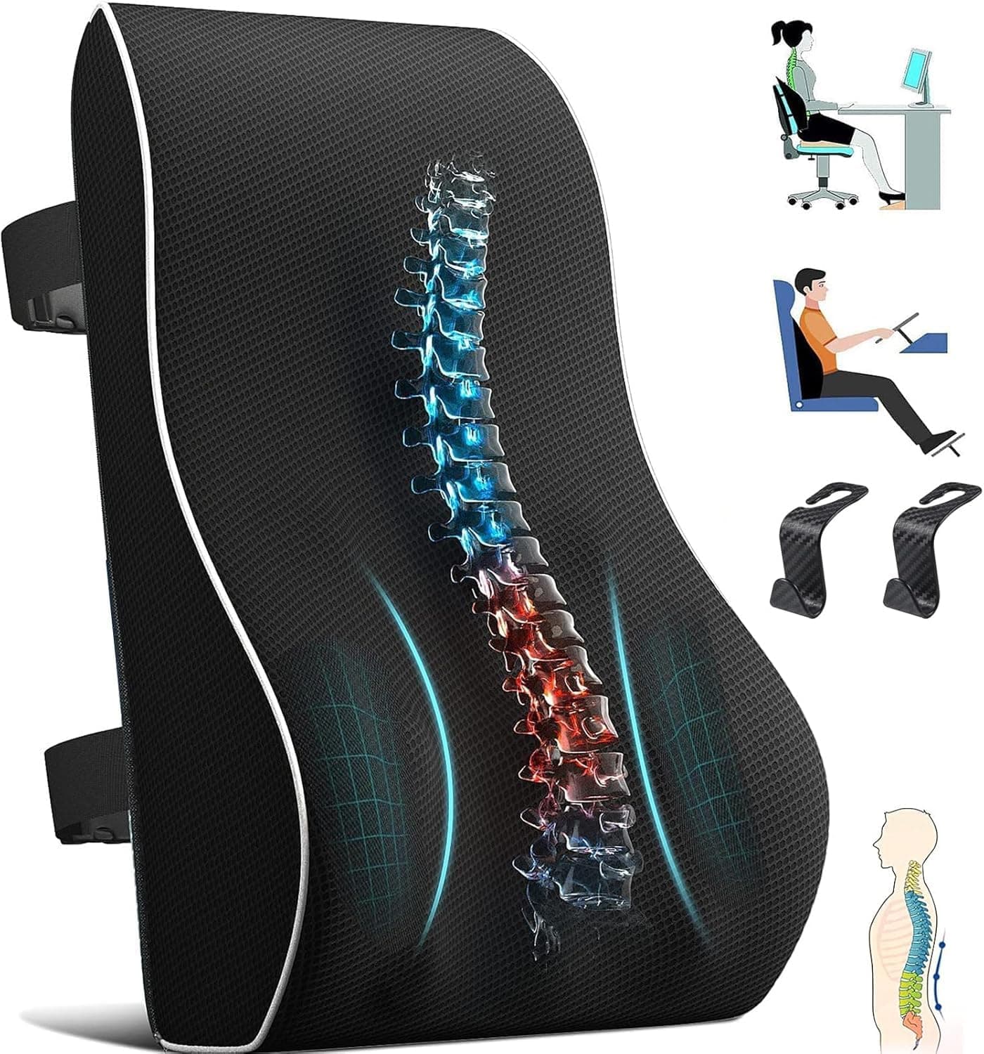 Lumbar Support Pillow for Office Chair & Car - Memory Foam Back Cushion with Breathable Mesh Cover & Adjustable Straps - Relieves Back Pain, Gaming, Recliner Chairs (Home & Office Essentials)
