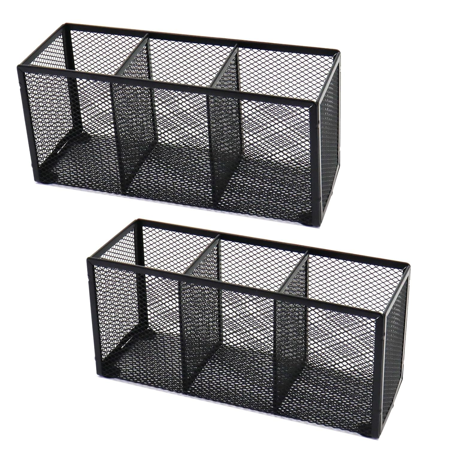2PCS Black Mesh Pen Pencil Holder, Small Metal Desk Organizer Desktop Stationery Office Supplies Acessories Storage Stand, 3 Compartments Brushes Holder for Home School Classroom Teachers