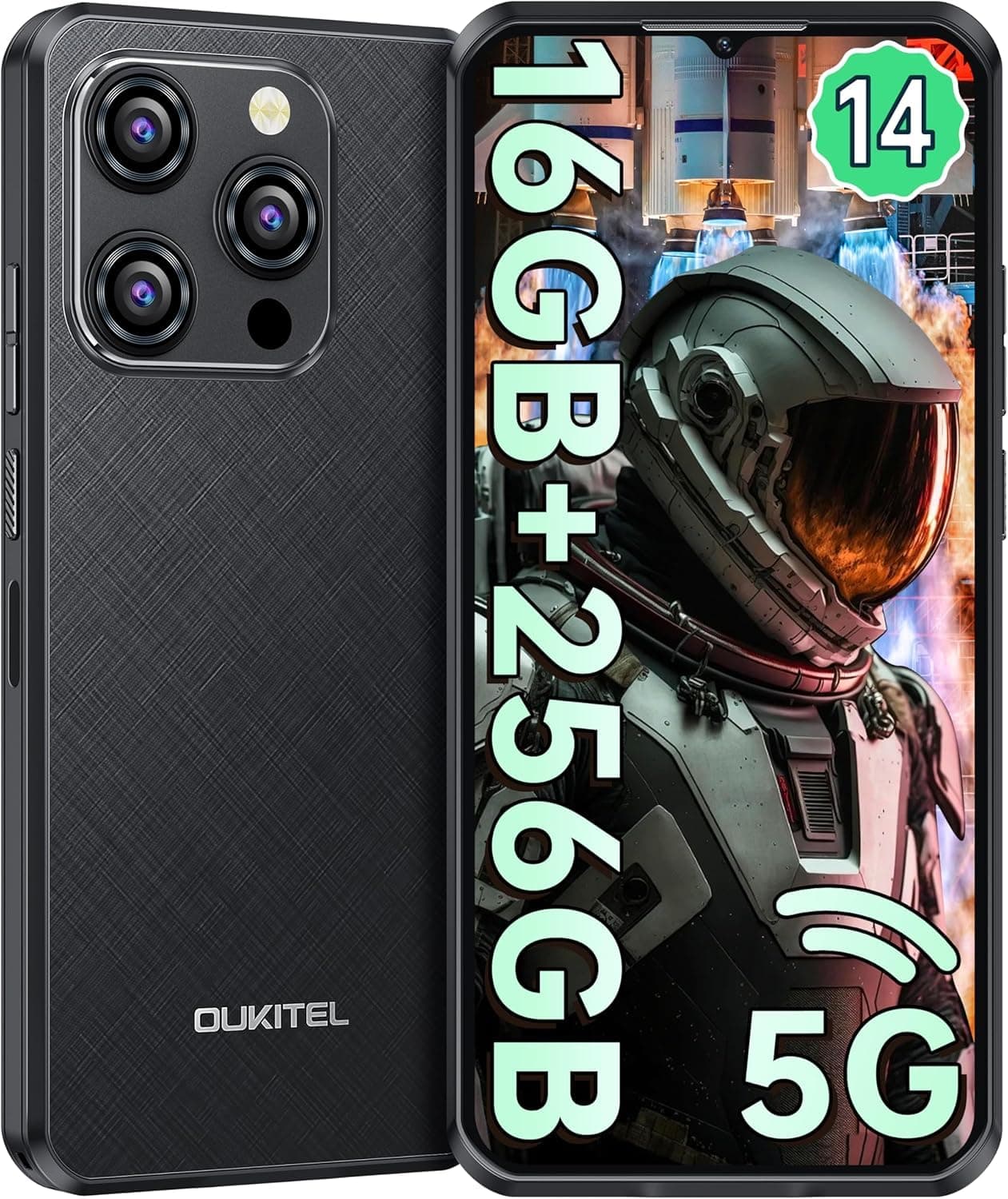 WP52 5G Rugged Smartphone Android14 16GB+256GB 6500mAh Mobile Phone 48MP NFC Cell Phone(Black)
