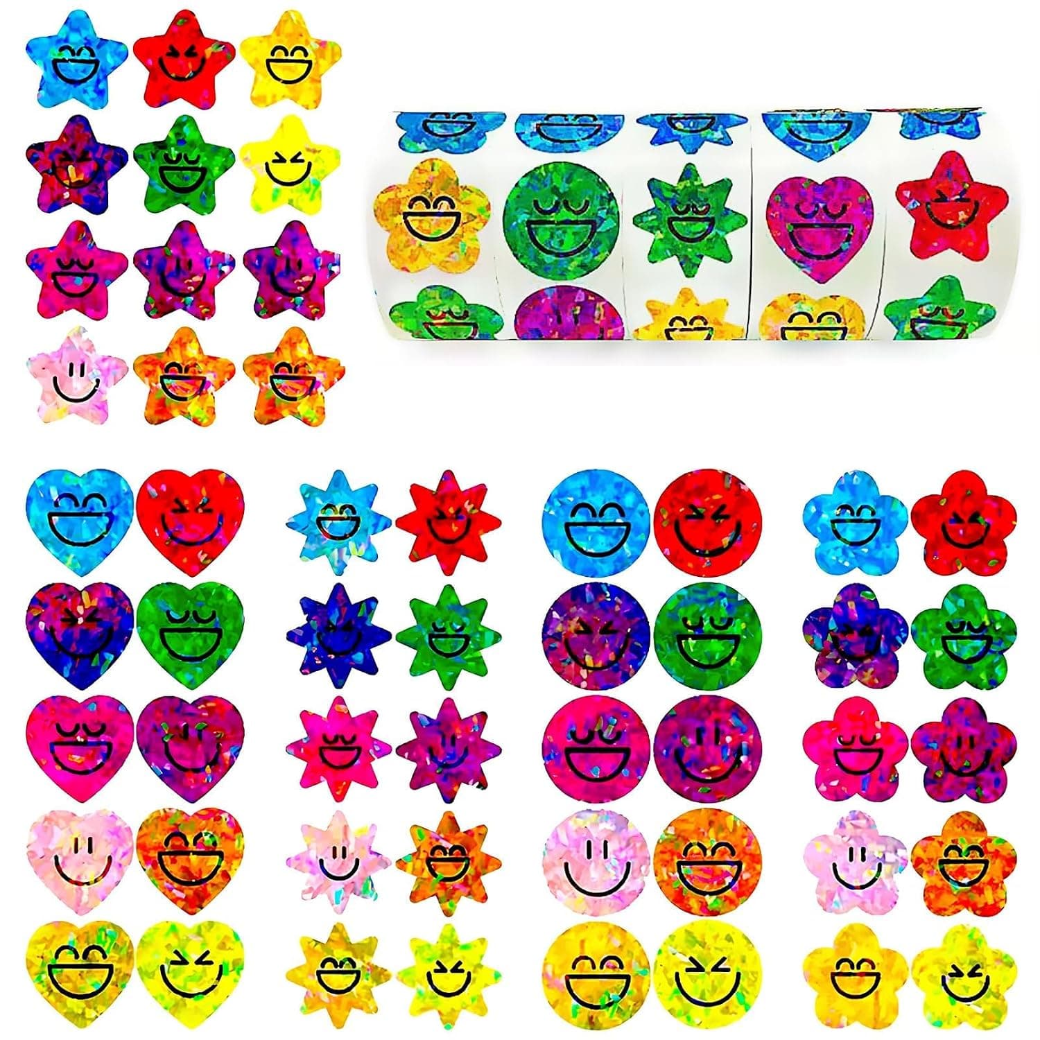 1000 Pcs Smiley Face Star Stickers for Kids, 1 Inch Holographic Reward Stickers for Behavior Chart, Student Planner