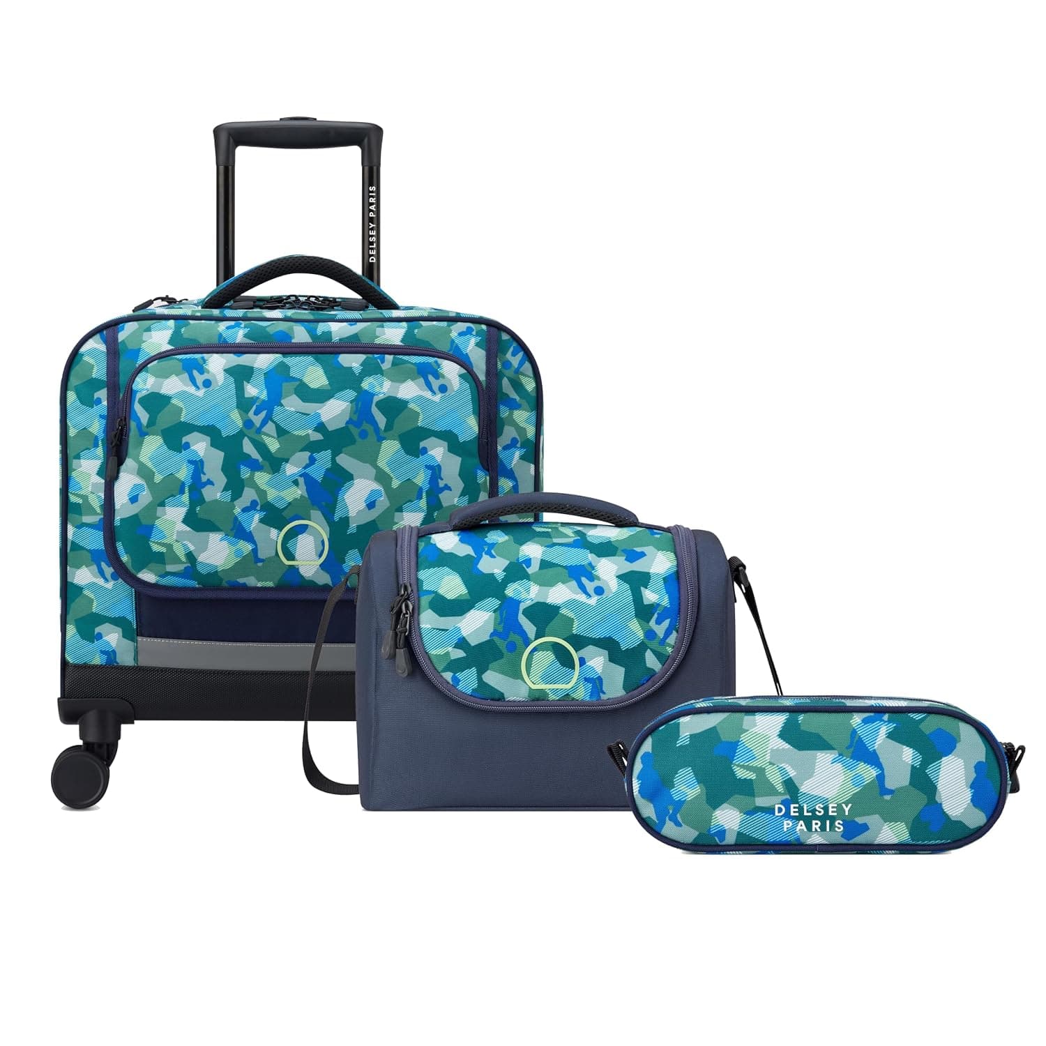 Academie 3-Piece Kids School Trolley Wheeled Bag 15.6 + Pencil Case + Lunch Bag (Set of 3pcs) - Camo Blue