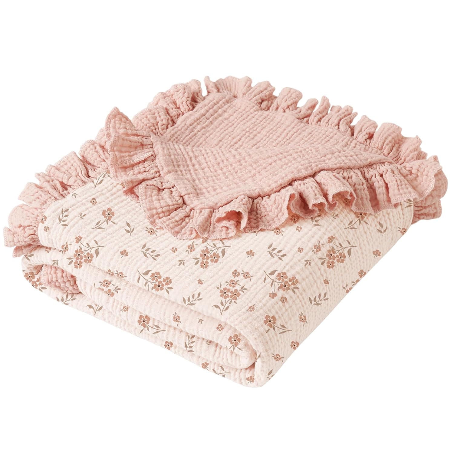 Konssy Flounce Muslin Baby Blankets, Cotton Crib Blanket for Baby Infant Toddler, Super Soft and Lightweight Nursery Blankets 40"x36" (Blossom) | Reversible Design, Ultra Soft & Lightweight, for Swaddling, Crib, Stroller & Nursery Use, from Newborn to Toddler (Blossom)