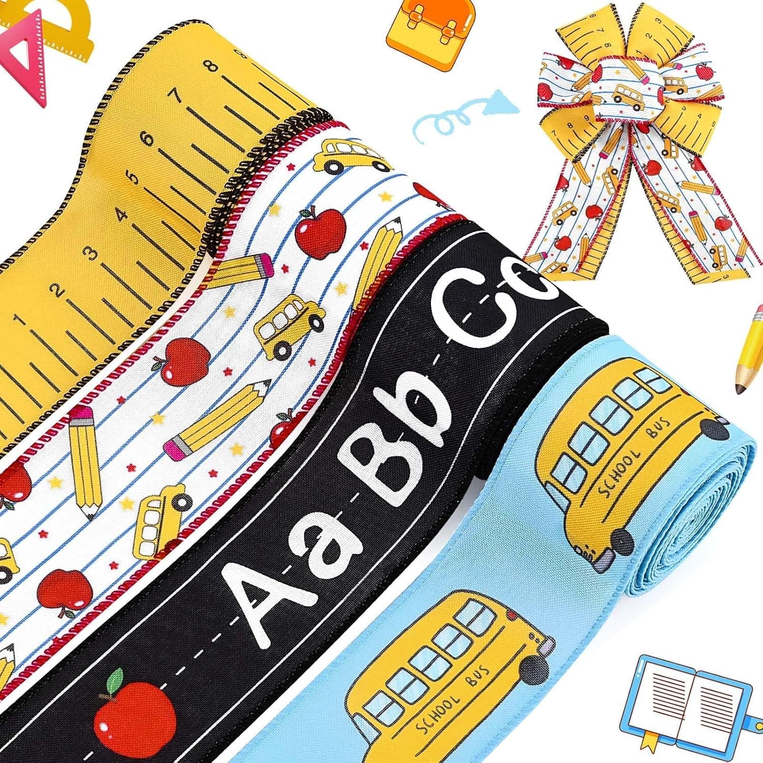 4Rolls Back to School Wired Edge Ribbon Ruler Pencil School Bus Apple Alphabet Printed Ribbon for Gift Wrapping Wreath Making for First Day of School DIY Craft Supplies