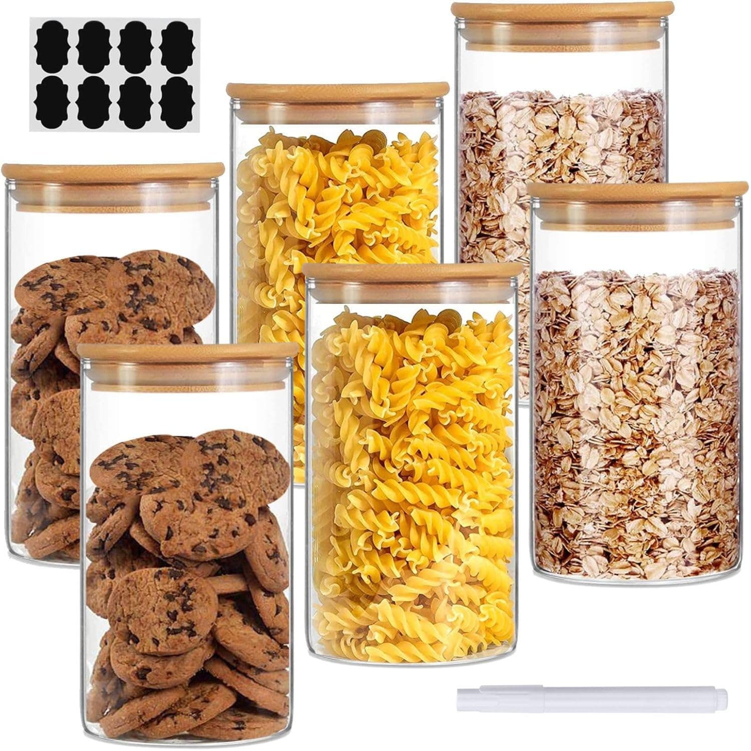 HOME ZONE 6pcs Glass Storage Jars with Bamboo Lids 750ML, High Borosilicate Glass Airtight Kitchen Food Canisters for Flour, Sugar, Coffee, Candy, Spice Jars, Candy with Lables & Pen