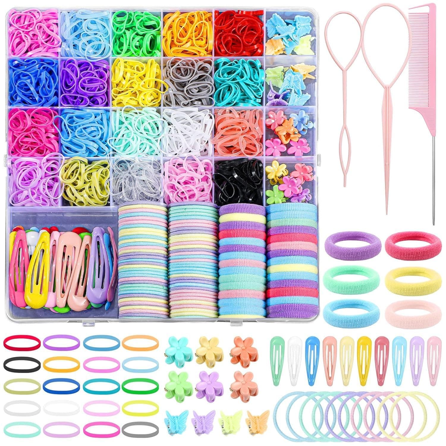 Baby Hair Ties Set, 1543Pcs Ponytail Holders Hair Rubber Bands with Hair Clips and Hair Tail Tools, Colorful Hair Accessories for Girls Baby Toddlers Kids, 20 Colors