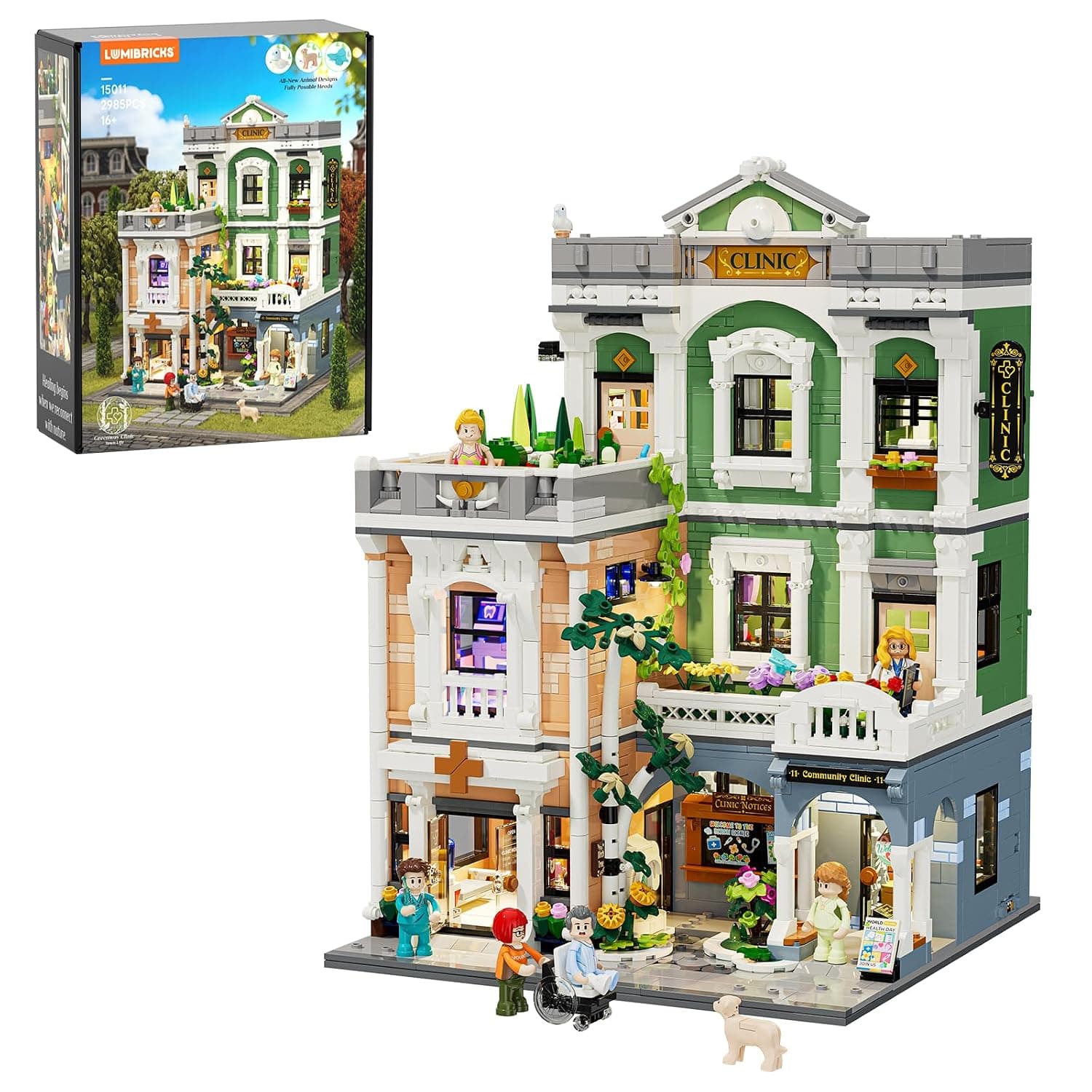 Lumibricks Greenway Clinic Illuminated Building Kit, 2985 Pieces Modular City Street Medical Center Architecture Model Kit, Ready-to-Gift Collectible Architecture Set for Adults