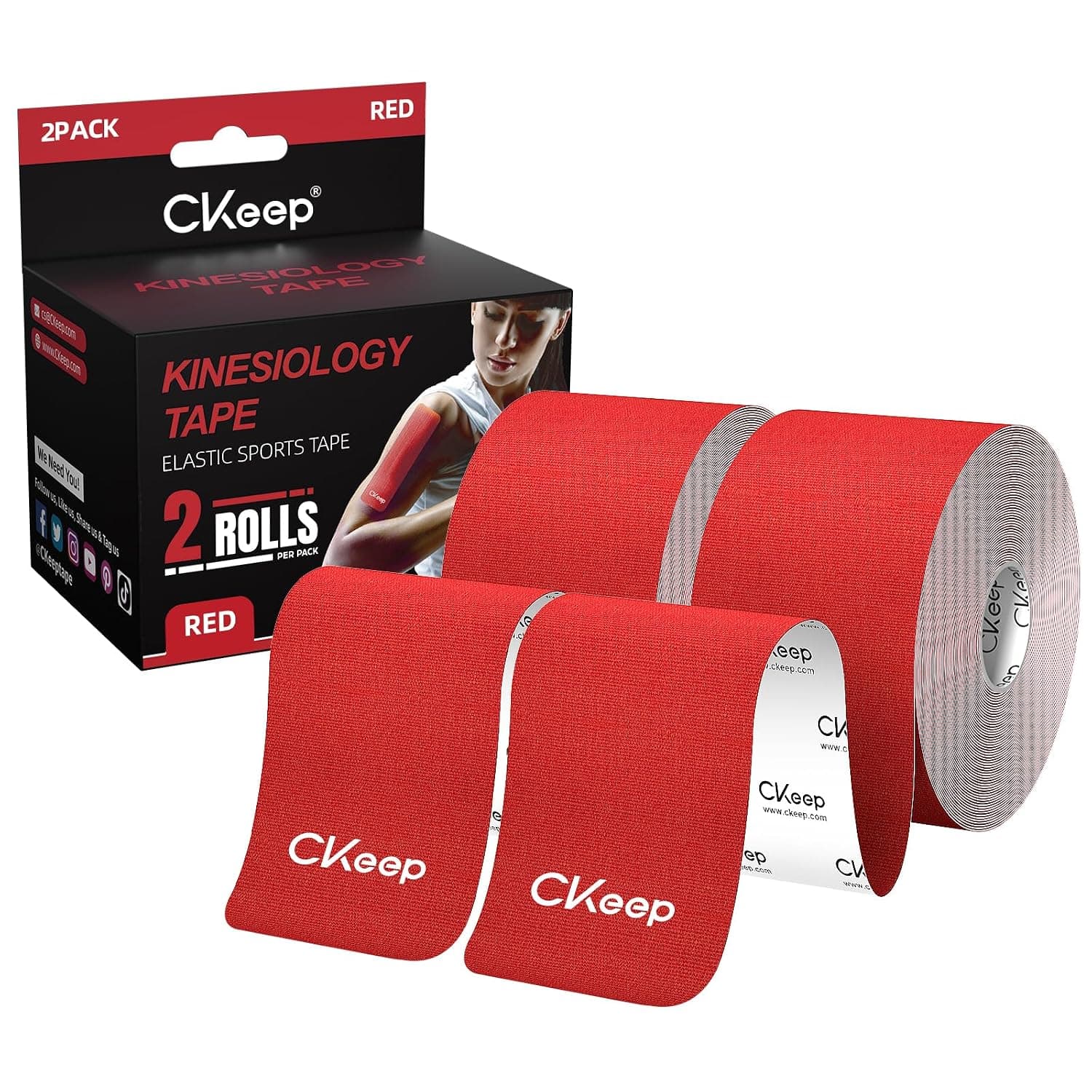 CKeep Uncut Kinesiology Tape (2 Rolls), Original Premium Cotton Elastic Athletic Tape, Hypoallergenic Latex-Free, 2" X 16Ft, Red