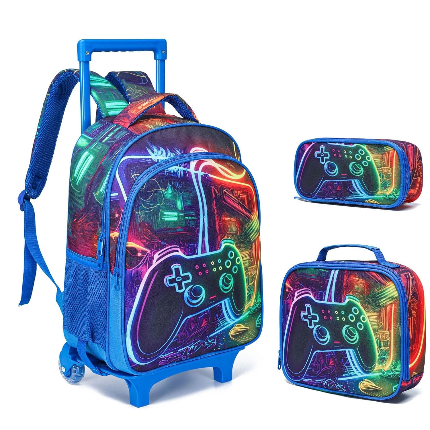 3PCS Rolling Backpack Wheeled Kids Backpack with Lunch Bag and Pencil Case,School Kids Rolling Backpack for Girls With Wheels Trolley Wheeled Backpacks (Green - Game Console)