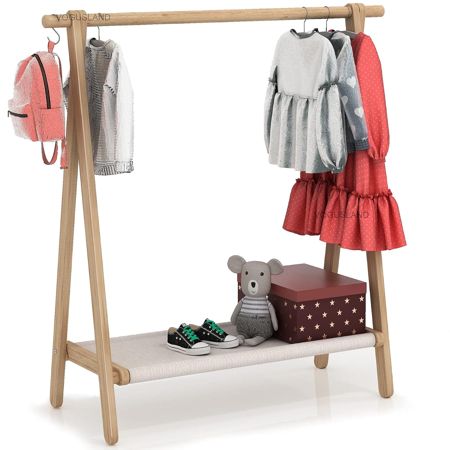 Dress up Rack, Child Garment Rack, Kids Clothing Rack with Storage Shelf (Natural Beech, 38" L x 14.5" W x 40" H)