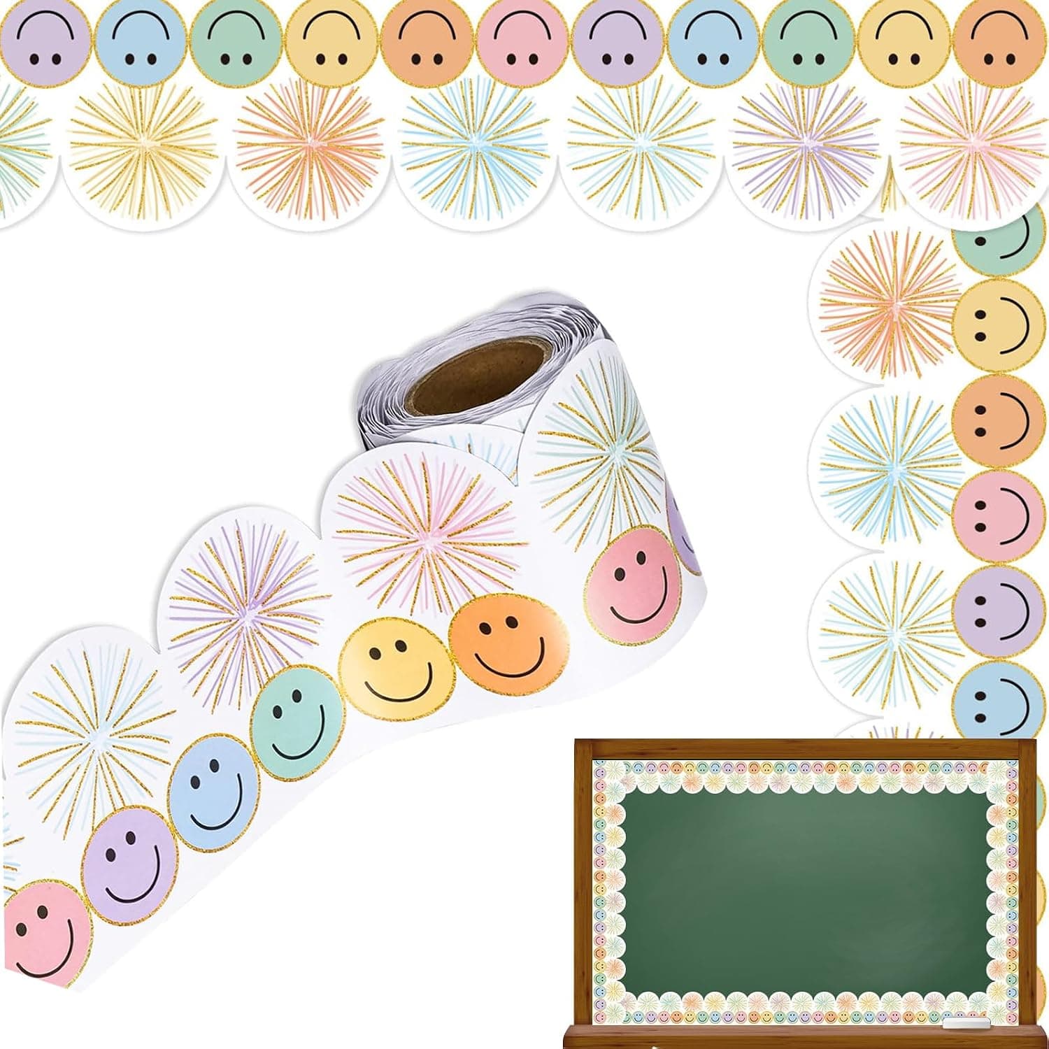 Colorful Smile Face Bulletin Board Borders, 32.8ft Firework Poms Bulletin Board Borders, Classroom Die-Cut Rolled Border Trim for School Classroom Office Chalkboard Decoration