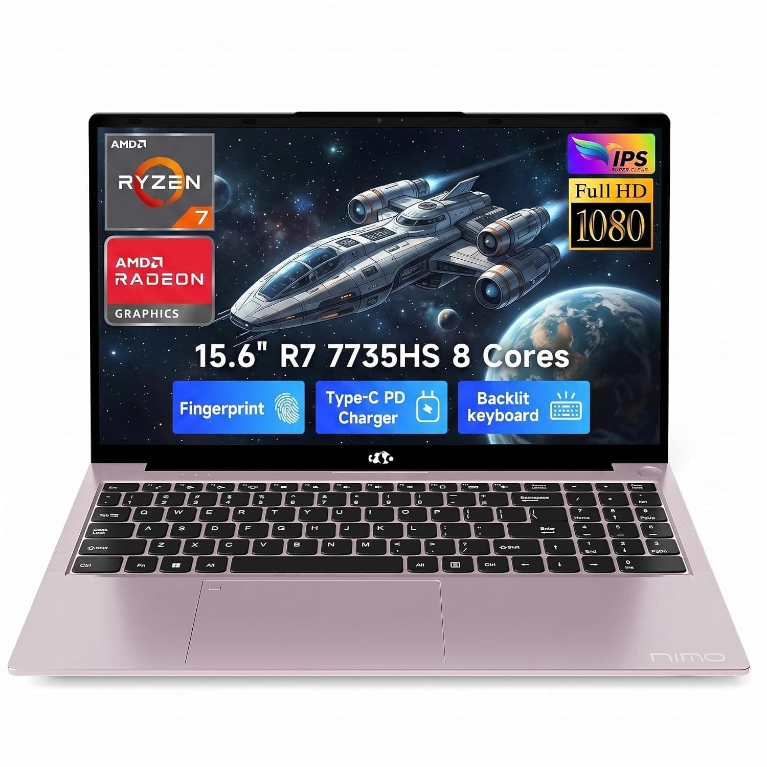 NIMO 15.6" FHD IPS Gaming Laptop, Ryzen 7 7735HS 8 Cores (Up to 4.75GHz) 32GB DDR5 RAM 1TB SSD, Radeon 680M Graphics, 100W Type-C, Backlit Keyboard, Fingerprint Unlock