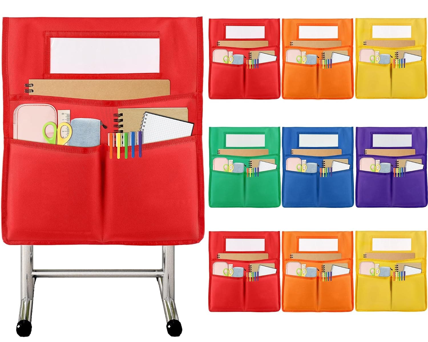 gisgfim 9 Pcs Chair Pockets for Classroom 19 x 17 inch Seat Sacks for Classroom Chairback Pocket Chart 3 Pockets Chairs Seat Back Organizer with Name Tag for School Home Classroom Supplies(Colorful)