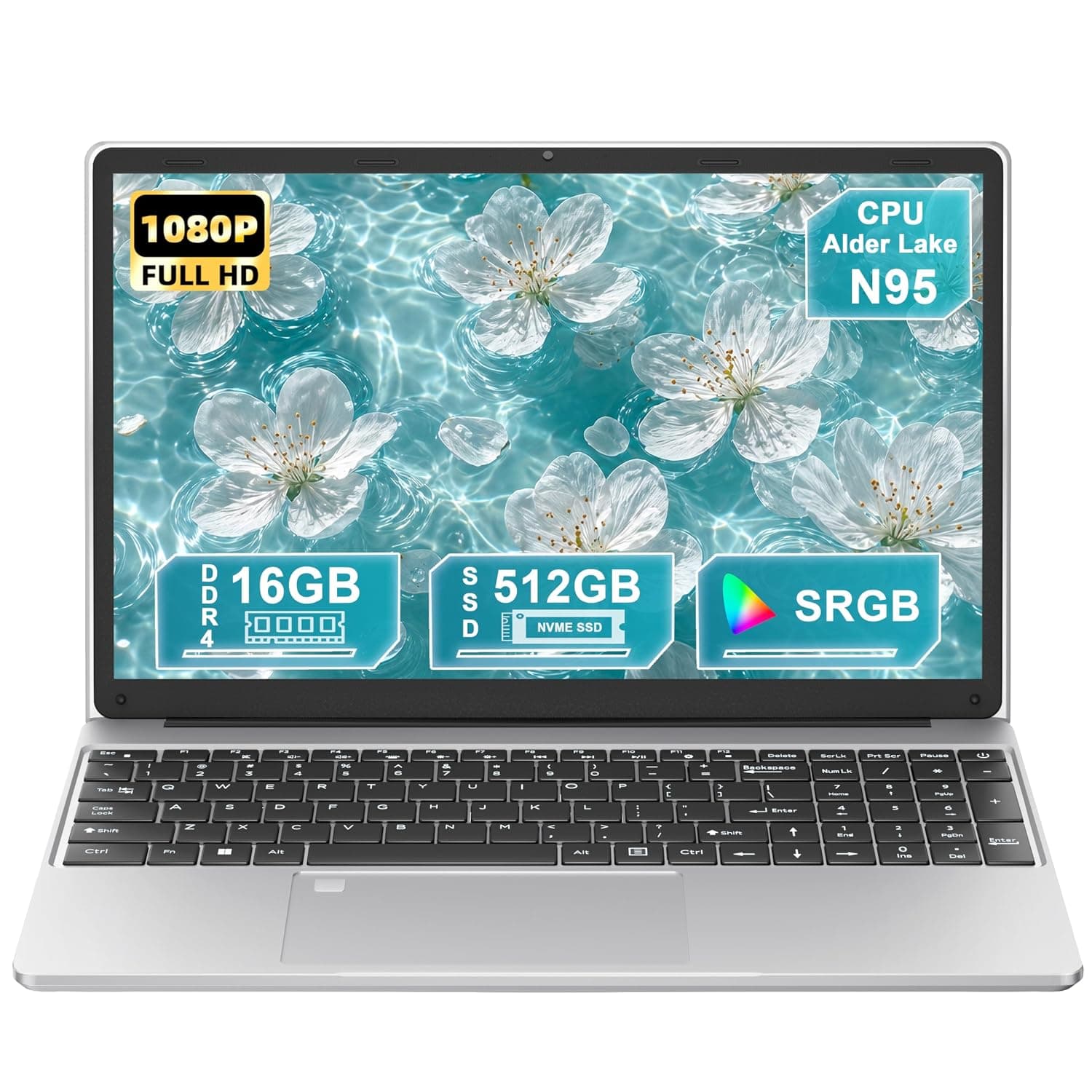 15.6 Inch Laptop Computer, Alder Lake N95 CPU 16GB DDR4 512GB NVMe SSD | Full HD IPS Display, Fingerprint Unlock, Backlit Keyboard, WiFi 5, Win 11 Pro Business Laptop for Work and Study