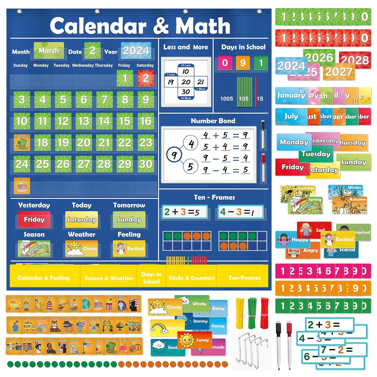 Quilinz Math Calendar Pocket Chart | Toddler Circle Time Learning Center: Math Manipulatives for Counting, Addition & Subtraction.Ideal for Classroom & Homeschool