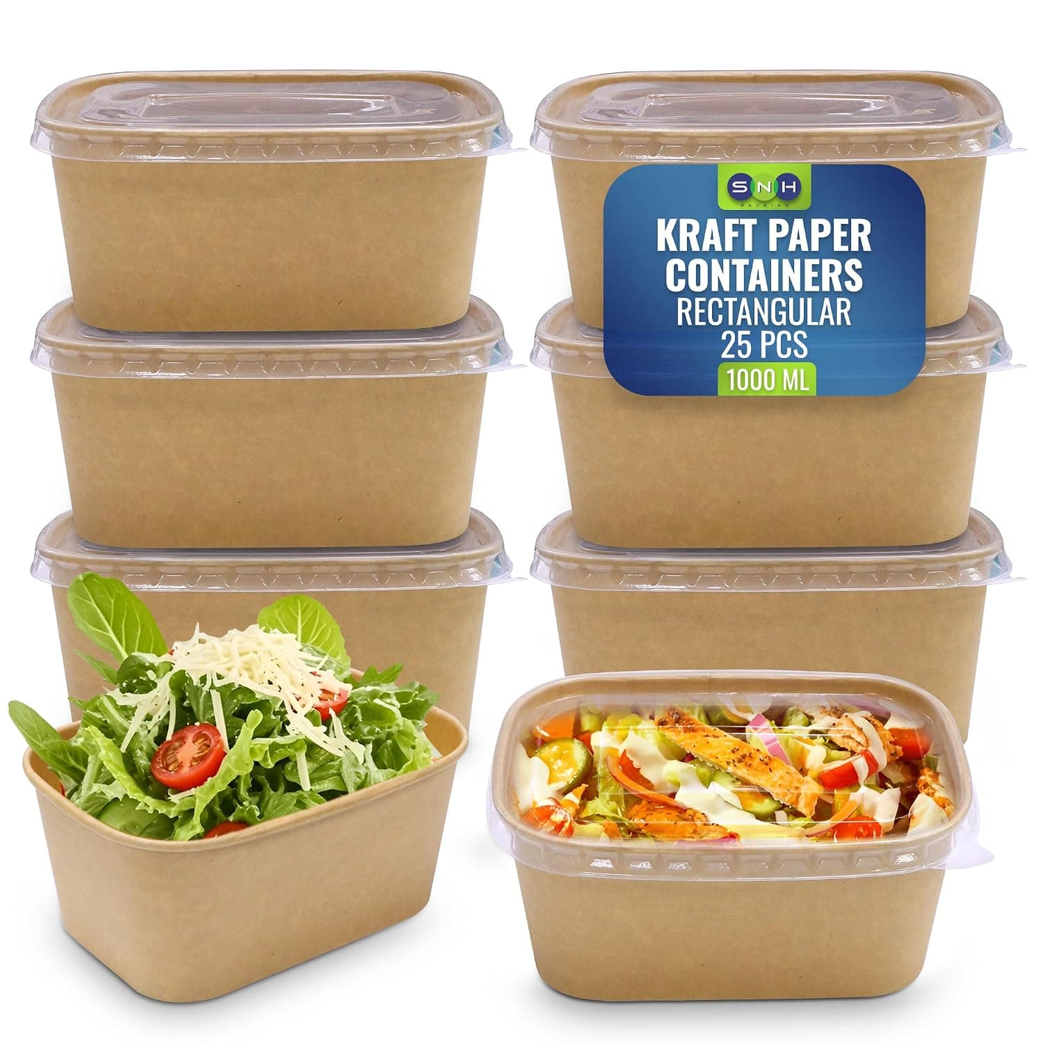 Disposable 25-Pack Kraft Paper Containers 1000 ml with Lid, Rectangular Disposable Bowls, Sturdy Food Salad Containers, Eco-Friendly Takeaway Lunch Boxes, Microwave Safe, Heavy Duty Meal Prep Box