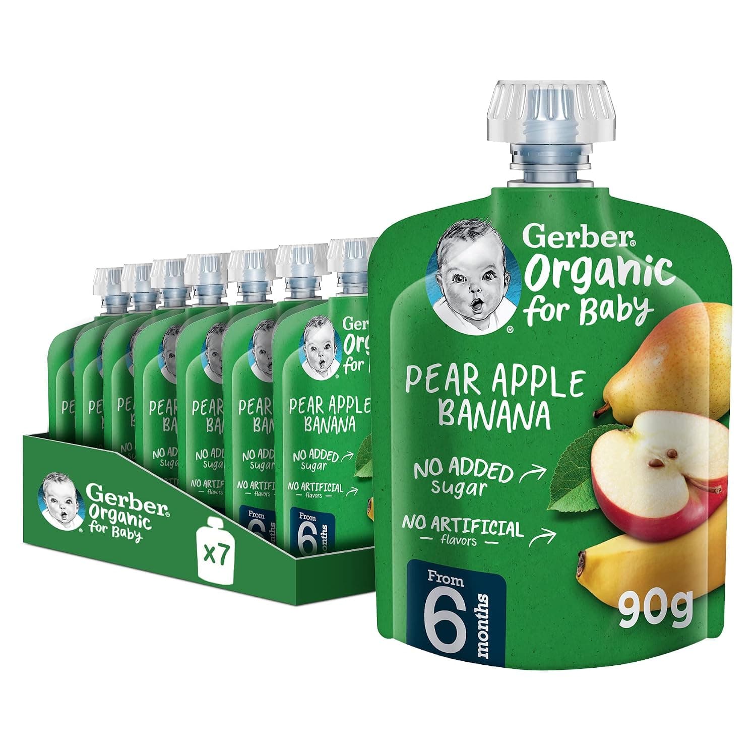 Gerber Organic Baby Food Puree Pouch Pear, Apple & Banana. No added sugar, No artificial flavors, No preservatives, 90g (6m+) (7 Pouches)