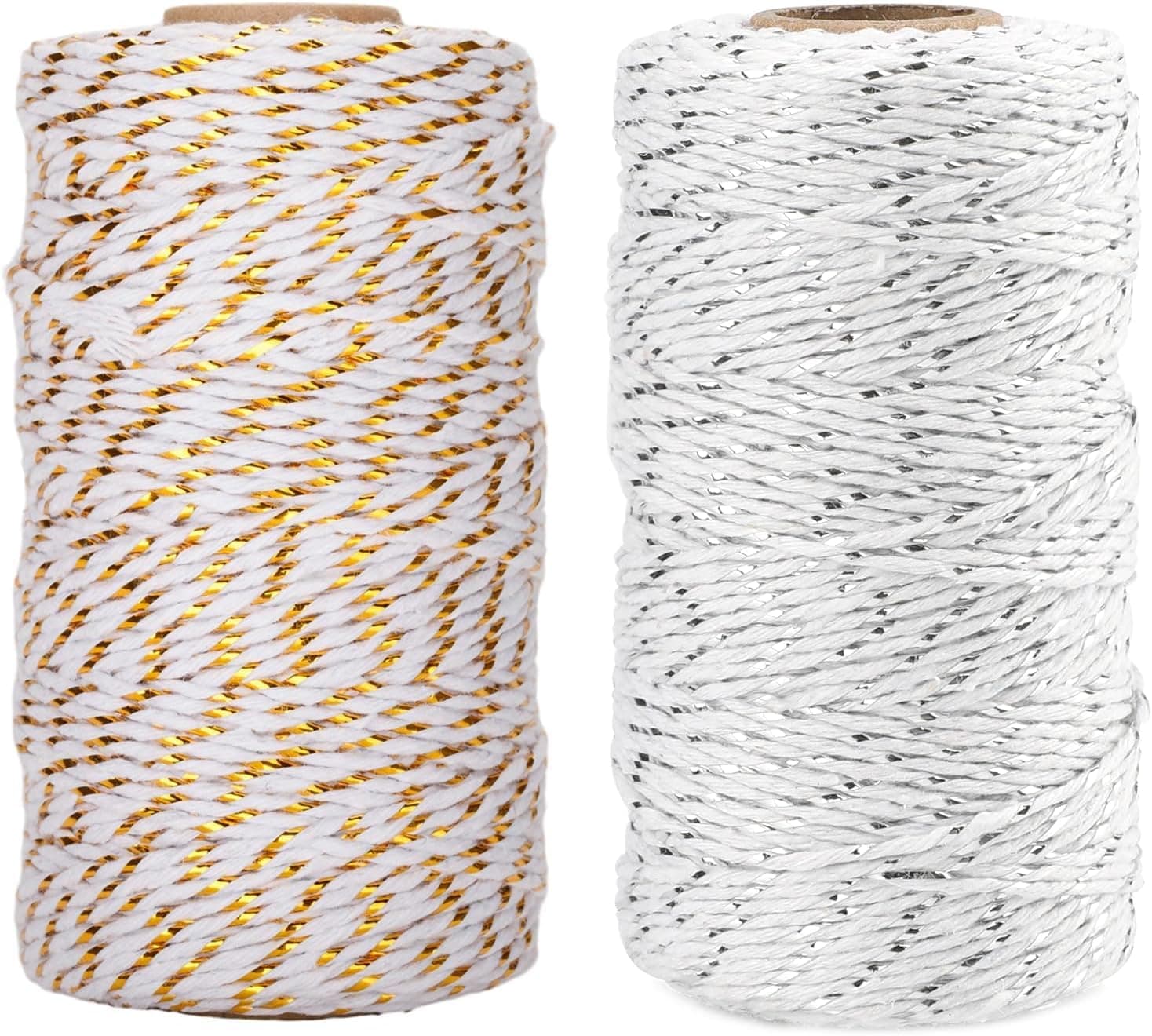 Aputue Twine String, 2 Rolls Gold & Silver 100m Cotton Bakers Twine, 2mm Thick Decorative String for Gift Wrapping, Crafts and DIY Projects