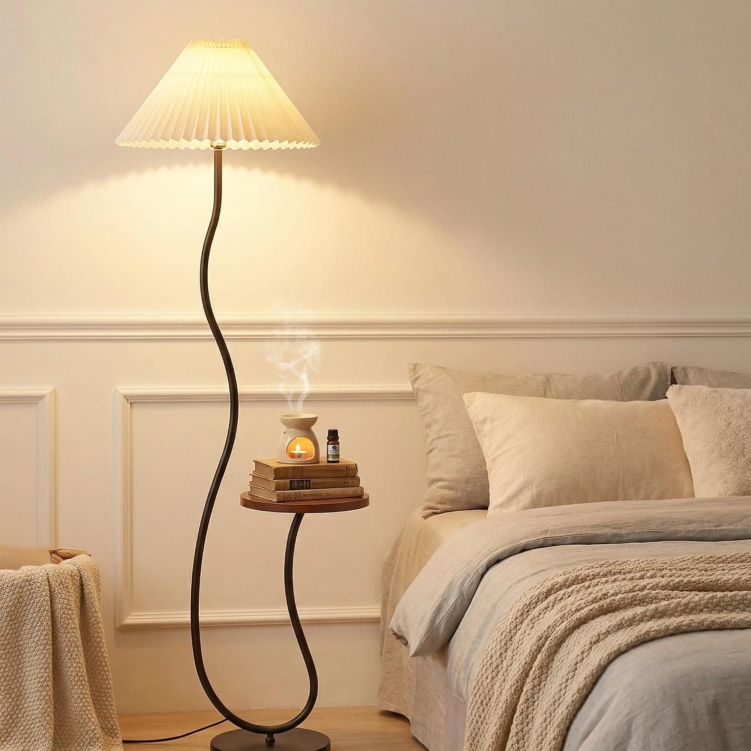 LEFAFA Floor Lamp with Table, Long Floor Light with Table, 3 Color Temperature, LED Bulb Included, With Pleated Fabric Lampshade, Long Floors Lamp for Living Room, Bedroom and Office (Black)