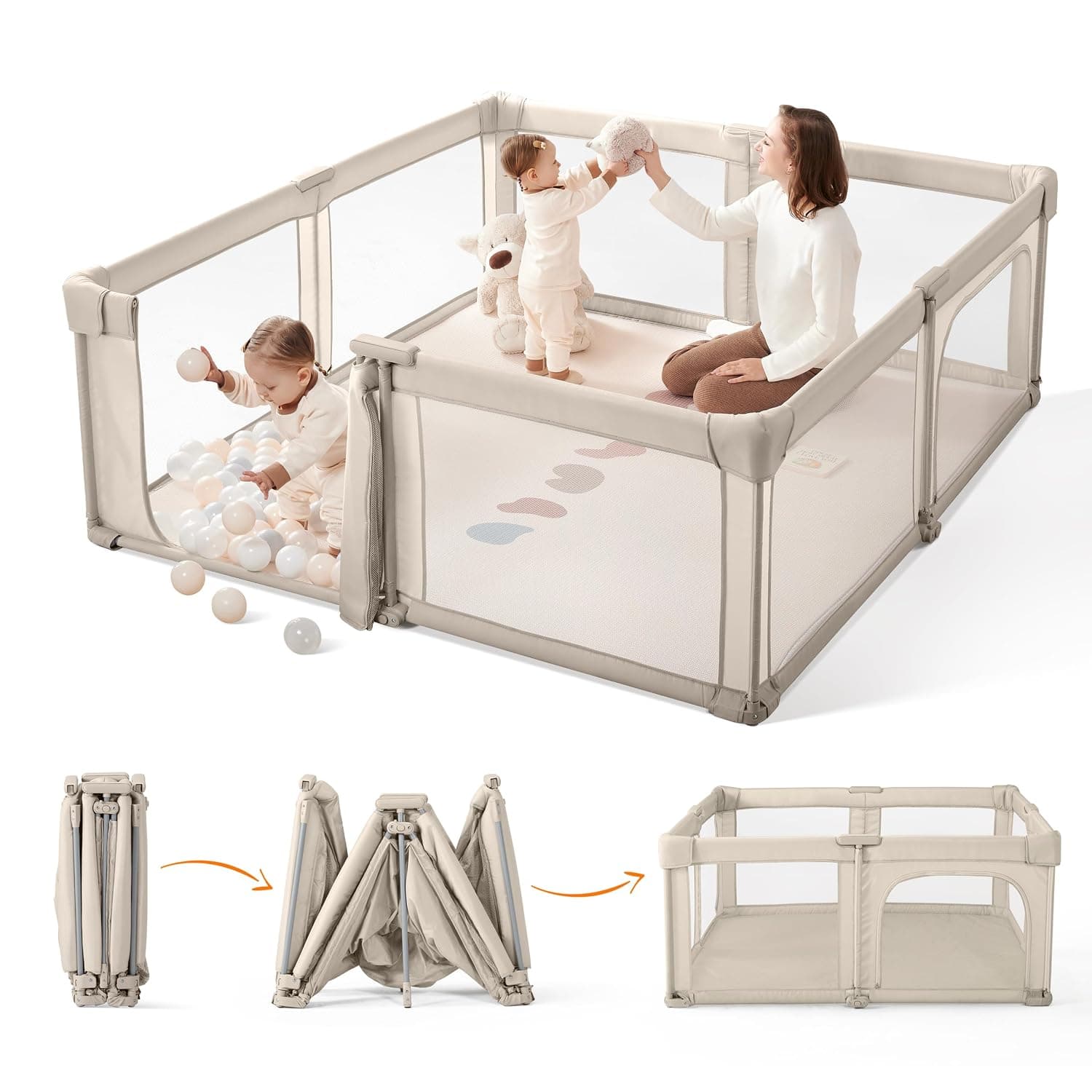 Sweeby Baby Playpen, Foldable Play Yard, Extra-Large Baby Fence for Indoor & Outdoor Use, Safe Playpen for Babies and Toddlers (Beige, 200 x 180 cm)