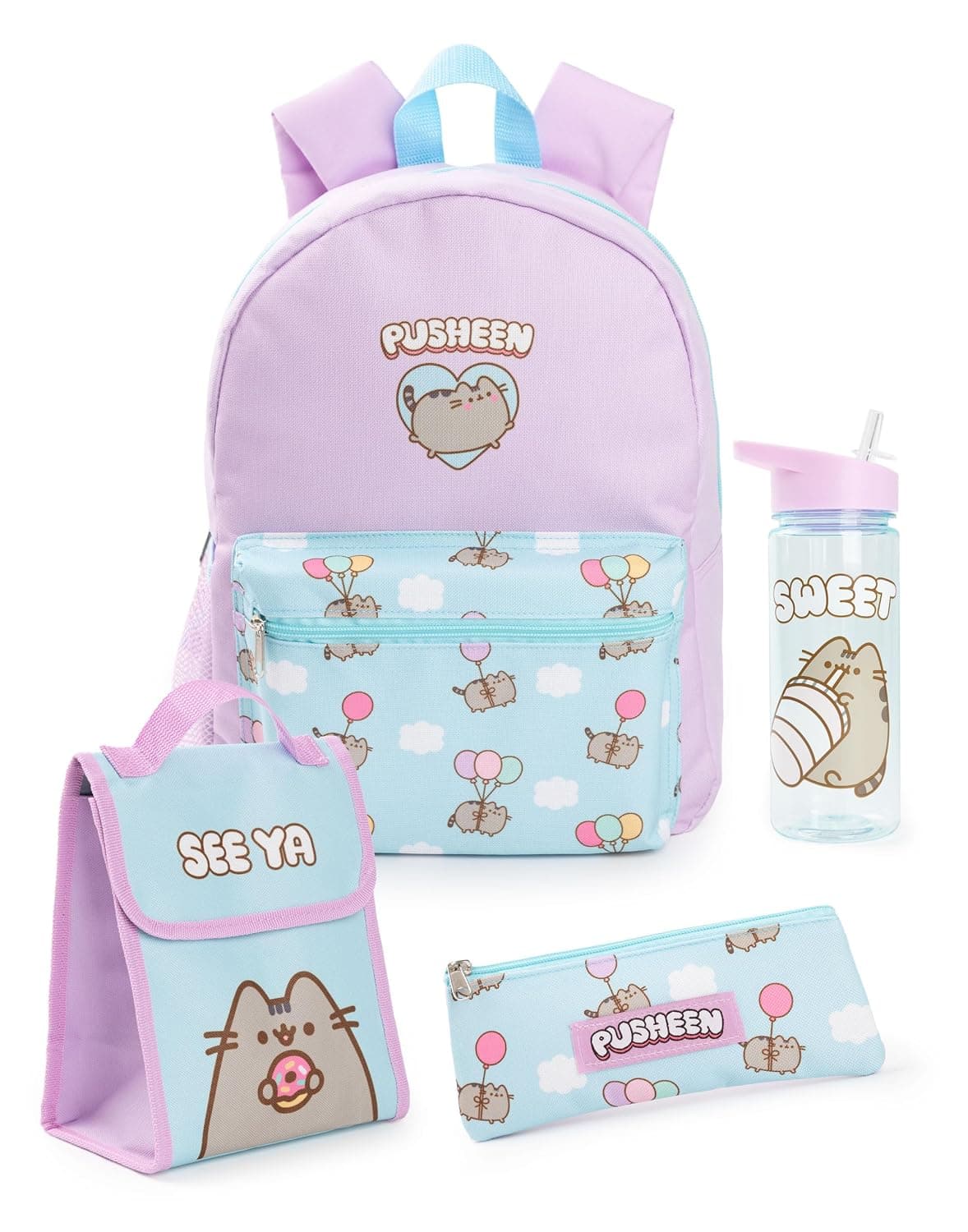 Pusheen Girls' Backpack Set, Children's 4-Piece Blue and Pink Backpack Bundle with School Bag, Pencil Case, Lunch Bag and Water Bottle, Kitten Cat Graphic Complete Matching Set