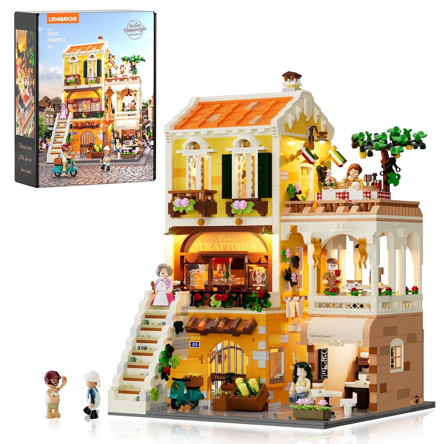 Lumibricks Italian Family Restaurant Clamping Blocks with Light, Modular Building with Pizzeria & Cafe, 2868 Pieces, Mediterranean Living Decor, Gift for Food & Building Block Fans