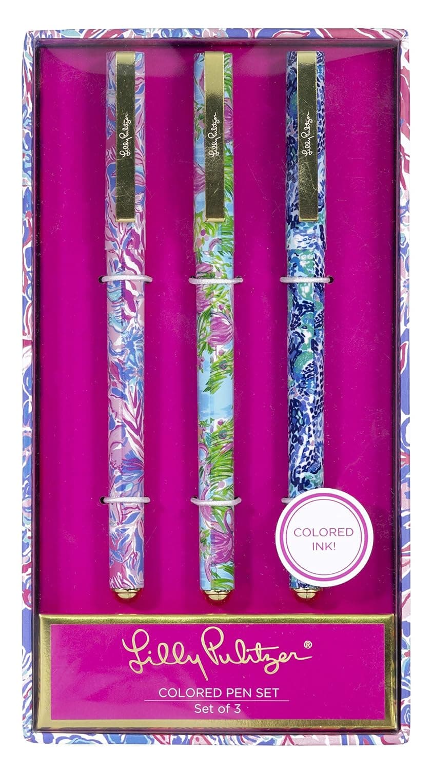 Lilly Pulitzer Women's Colored Pen Set of 3, Includes Pink/Blue/Green Ink, Viva La Lilly (Assorted)