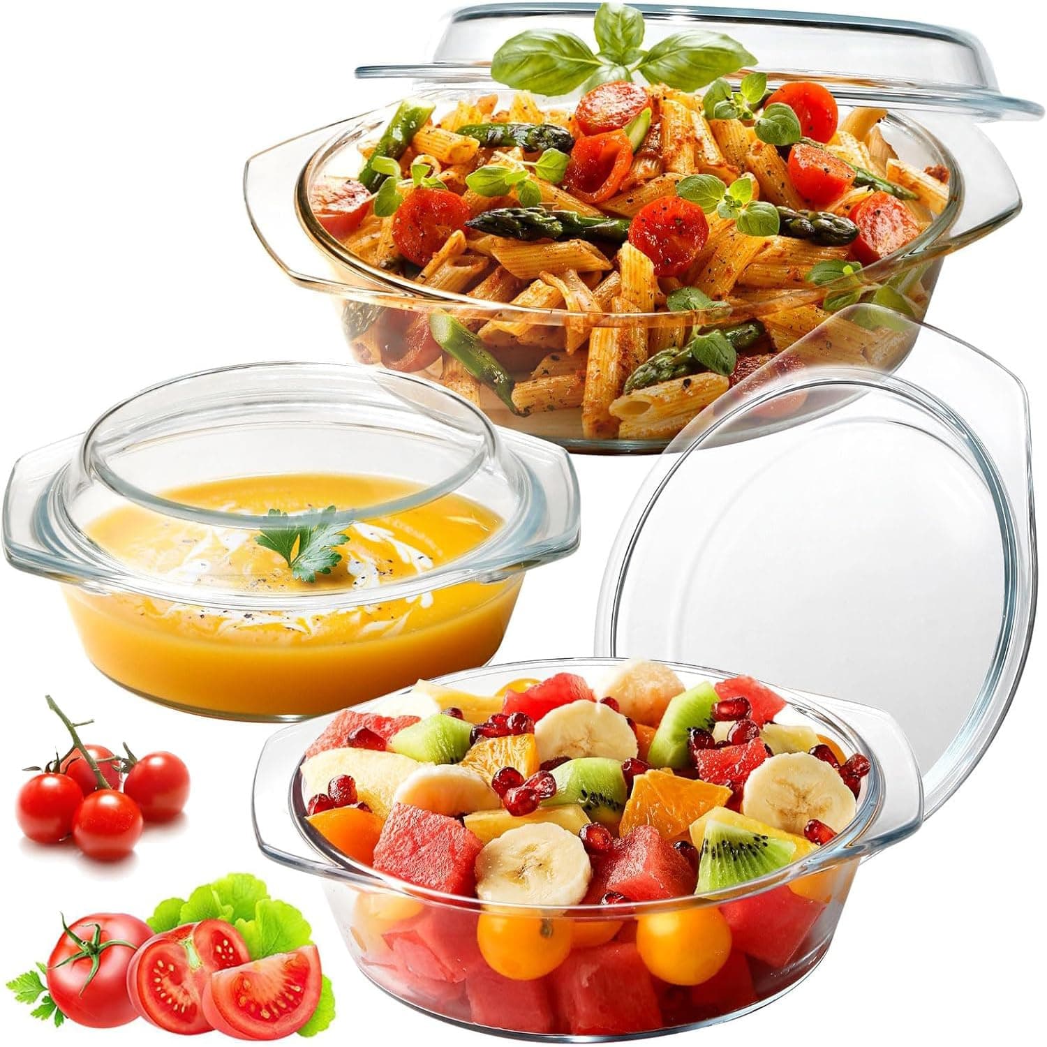 EOGILY Round Glass Casserole Dish Set, Glass Casseroles with Lid, Glass Bowls Bakeware Dish Microwave Safe, Durable Borosilicate Glass Bakeware Set (Set of 3, 1L, 1.5L, 2L) (B)