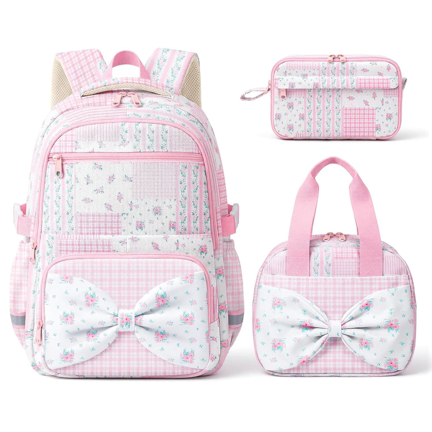 WOBAGMEN 3 PCS Girls Backpack Set,3D Bow School Bags Lunch Box & Pencil box