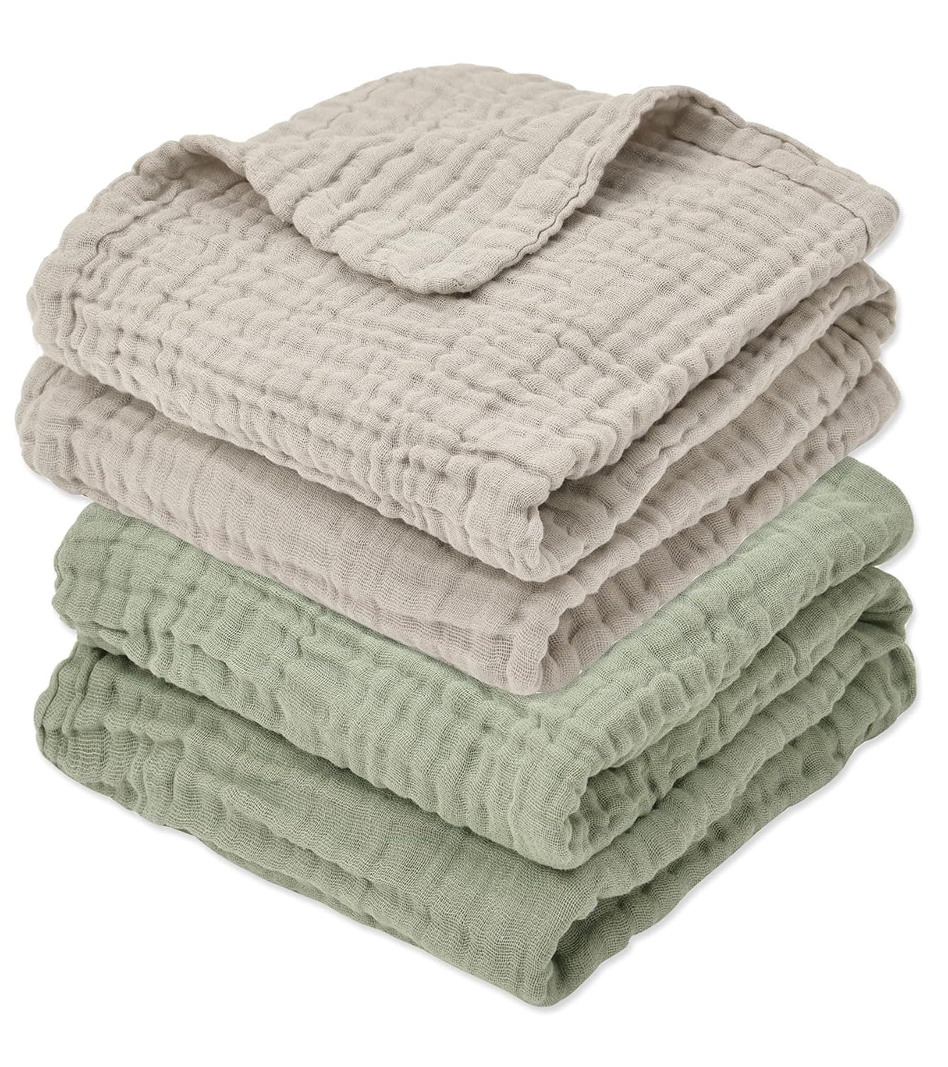 Aablexema Muslin Baby Blanket 6-Layer 43"x43", 2-Pack, Grey & Green | Soft Cotton Receiving Blanket for Infant Swaddle Blanket Toddler Boys Girls Bath Towel, Newborn Essentials