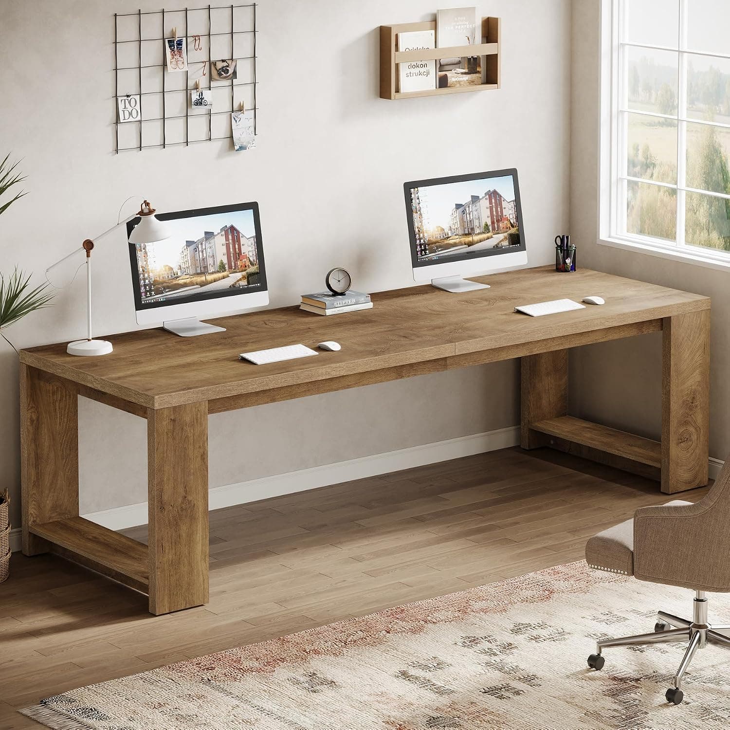 Tribesigns Two Person Desk, 220cm Extra Long Desk, Double Computer Writing Table, All Wood Large Desks Workstation for Home Office, Natural Oa