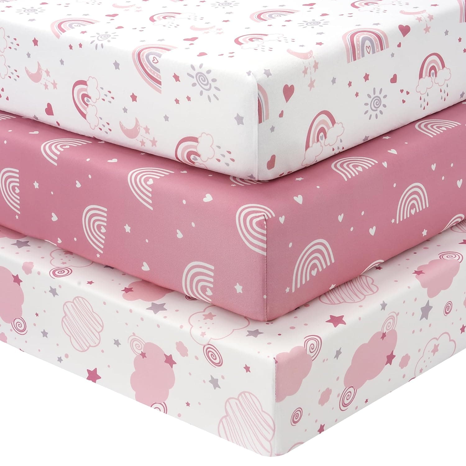 Baby Crib Sheets Girl, 3 Pack Toddler Bed Sheets Fitted 52”x28” | Super Soft Silky Smooth Microfiber, Standard Crib and Toddler Mattress Cover Pink Rainbow, Girl Nursery Bedding Essential