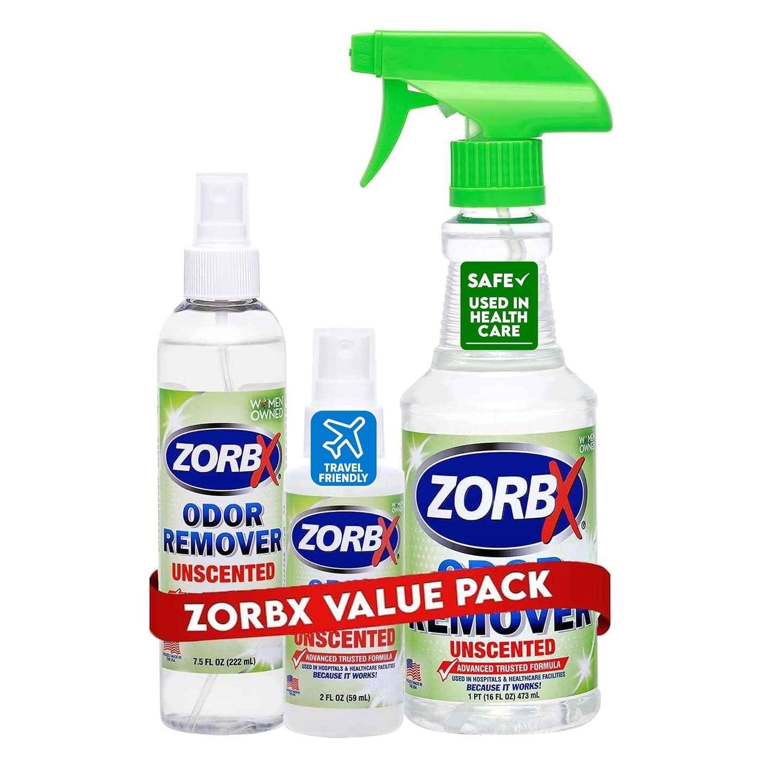 ZORBX Unscented Odor Eliminator for Strong Odor - Used in Hospitals & Healthcare Facilities | Advanced Formula, Fast-Acting Odor Remover Spray for Dog, Cat, House & Carpet - (16 Oz + 7.5 Oz + 2 Oz) | Permanent Odor Remover for Pet & Human Urine, Smoke & Strong Odors, Carpet, Upholstery, Mattress, Bathroom, Basement & More