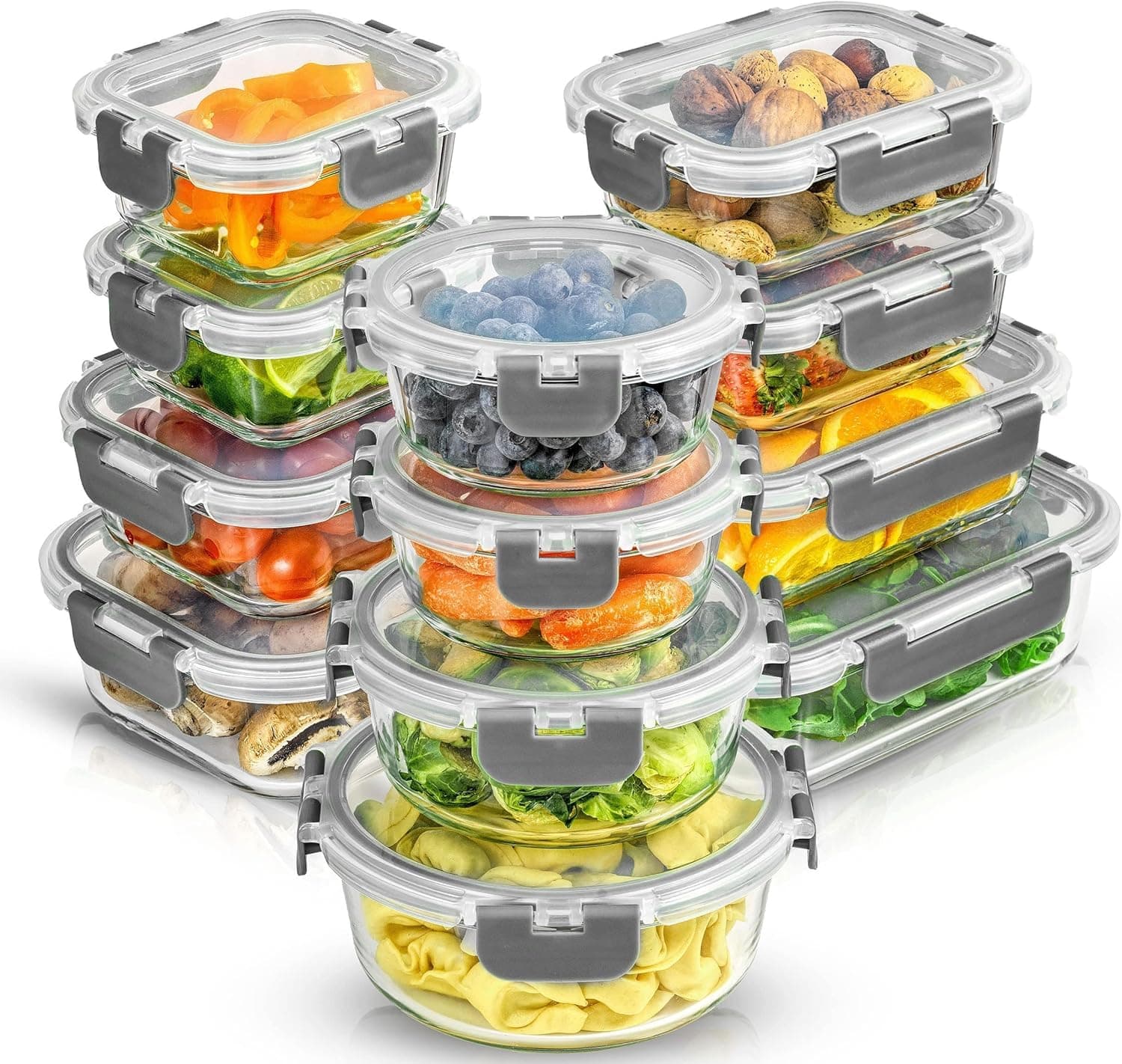 Wemart 12-Piece Glass Food Storage Containers with Lids, Airtight Leak-Proof Glass Meal Prep Containers for Pantry and Kitchen Storage (Dark Gray)