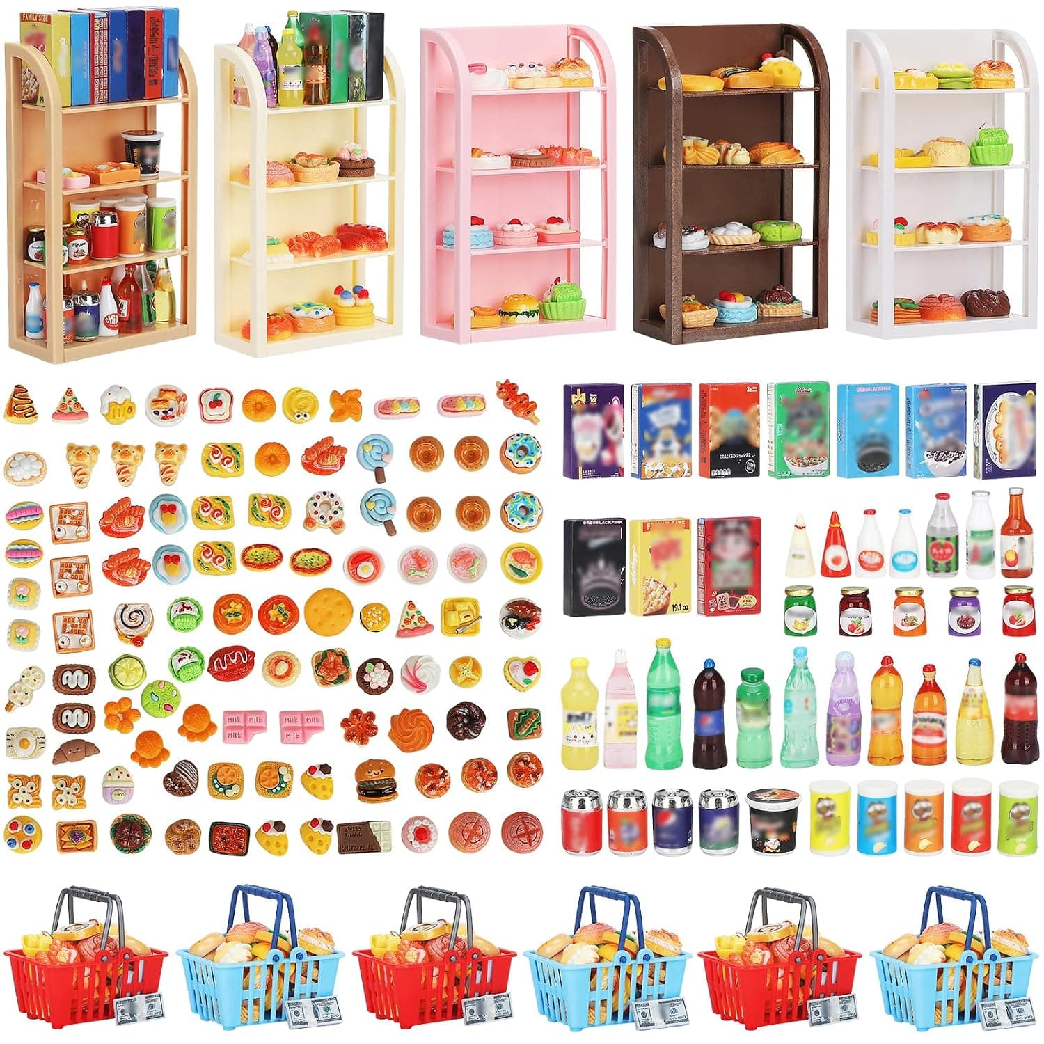 170Pcs Miniature Supermarket Shelves Furniture Model Doll House Store Storage Bookshelf Accessories 4 Layers Shelf Display Rack Mini Locker Decor Food Drink Bottle Toy Cosplay Game Party